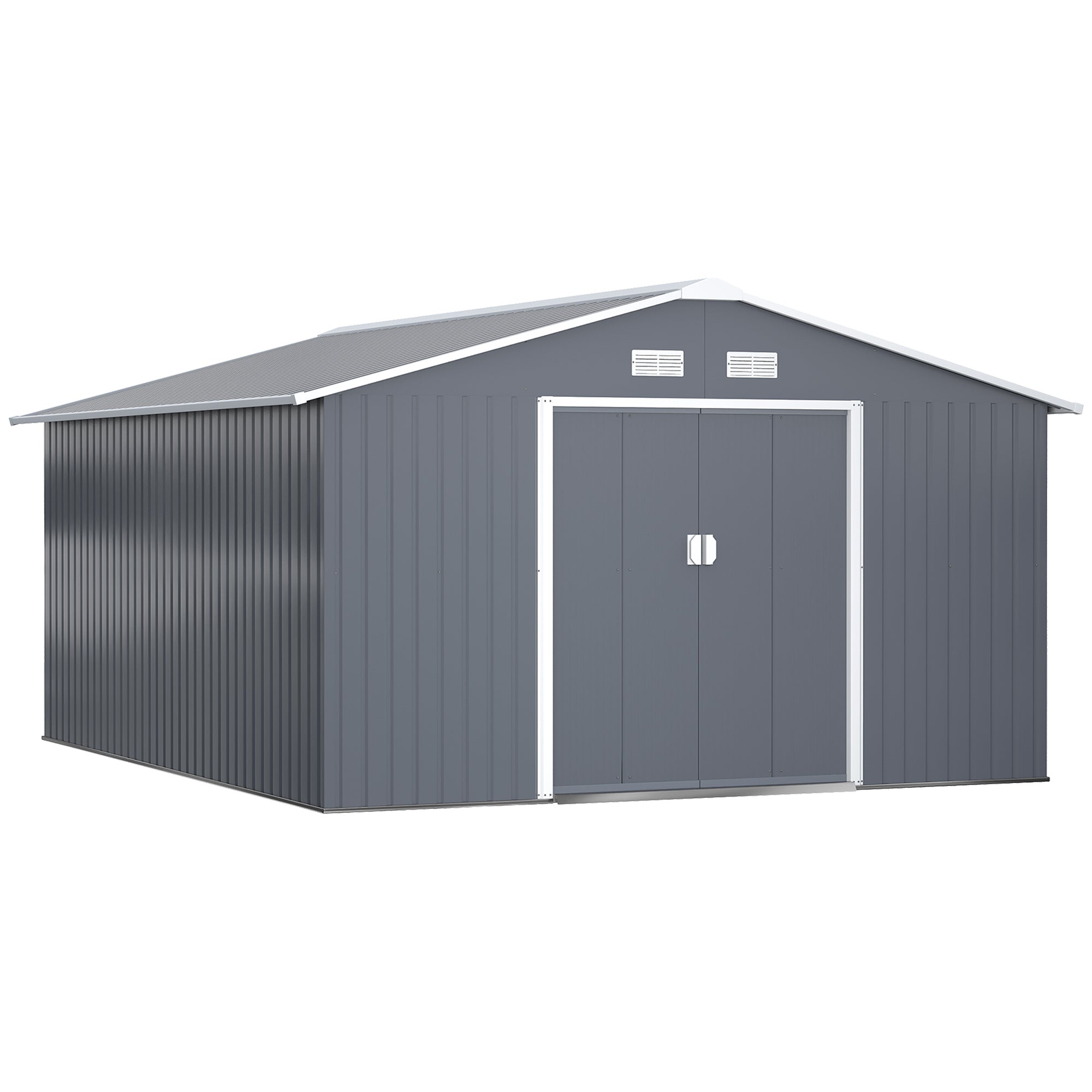 Metal Garden Shed, Outdoor Storage Tool House with Ventilation, Foundation Kit, Lockable Double Doors, Grey