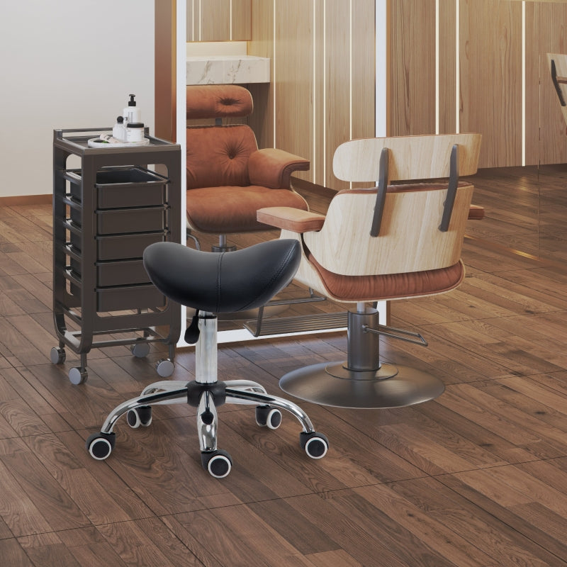 Cosmetic Stool 360° Rotate Hydraulic Height Adjustable Rolling Saddle Faux Leather, Black