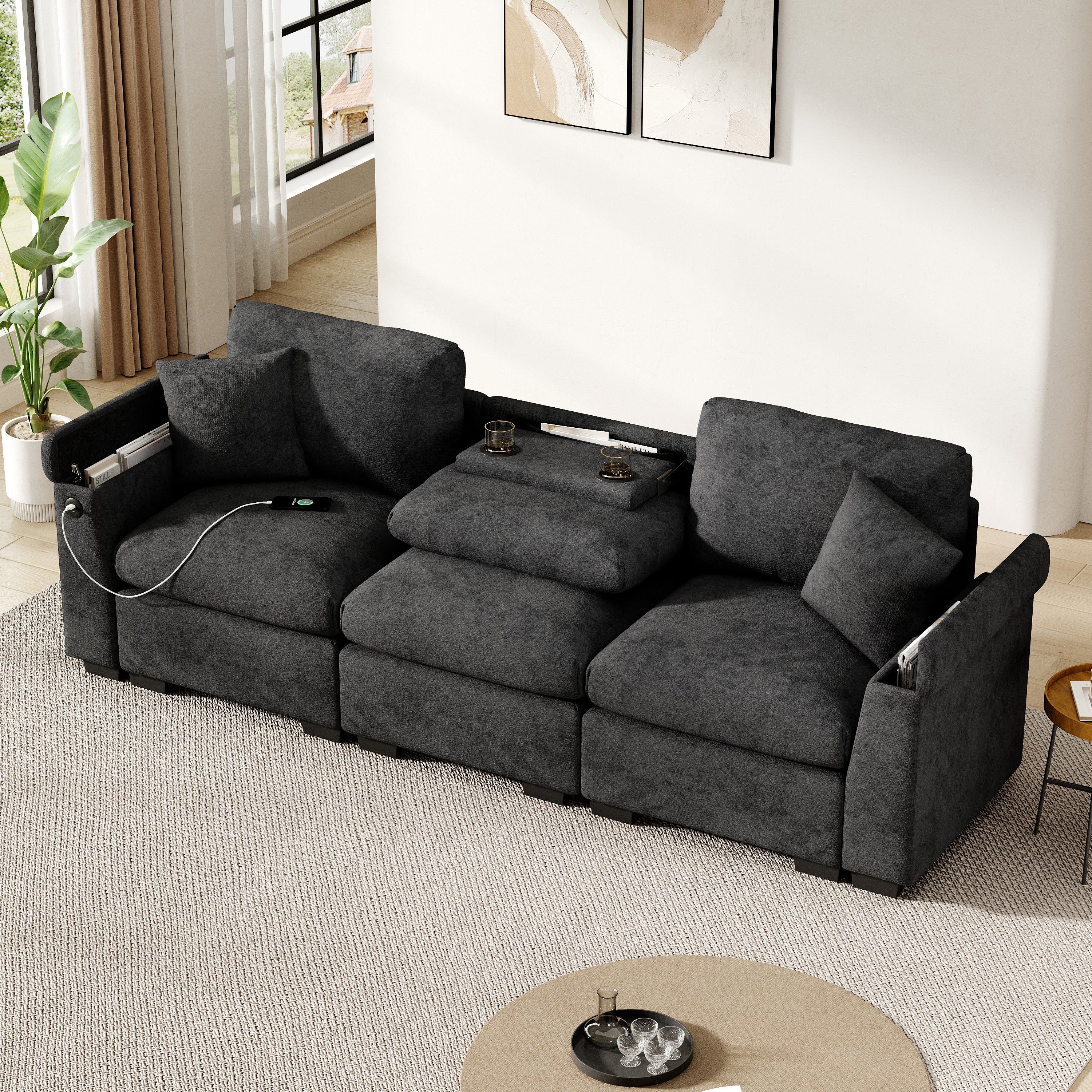 Modern Three-Seater Sofa, Multifunctional Folding Table USB Storage, Chenille Fabric