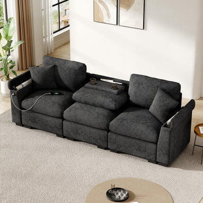 Modern Three-Seater Sofa, Multifunctional Folding Table USB Storage, Chenille Fabric