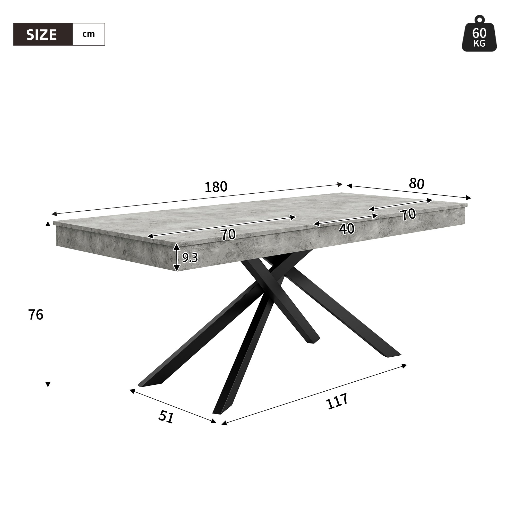 Extendable Dining Table 140/180x80cm 6-8 Person Rectangular Metal Legs Grey