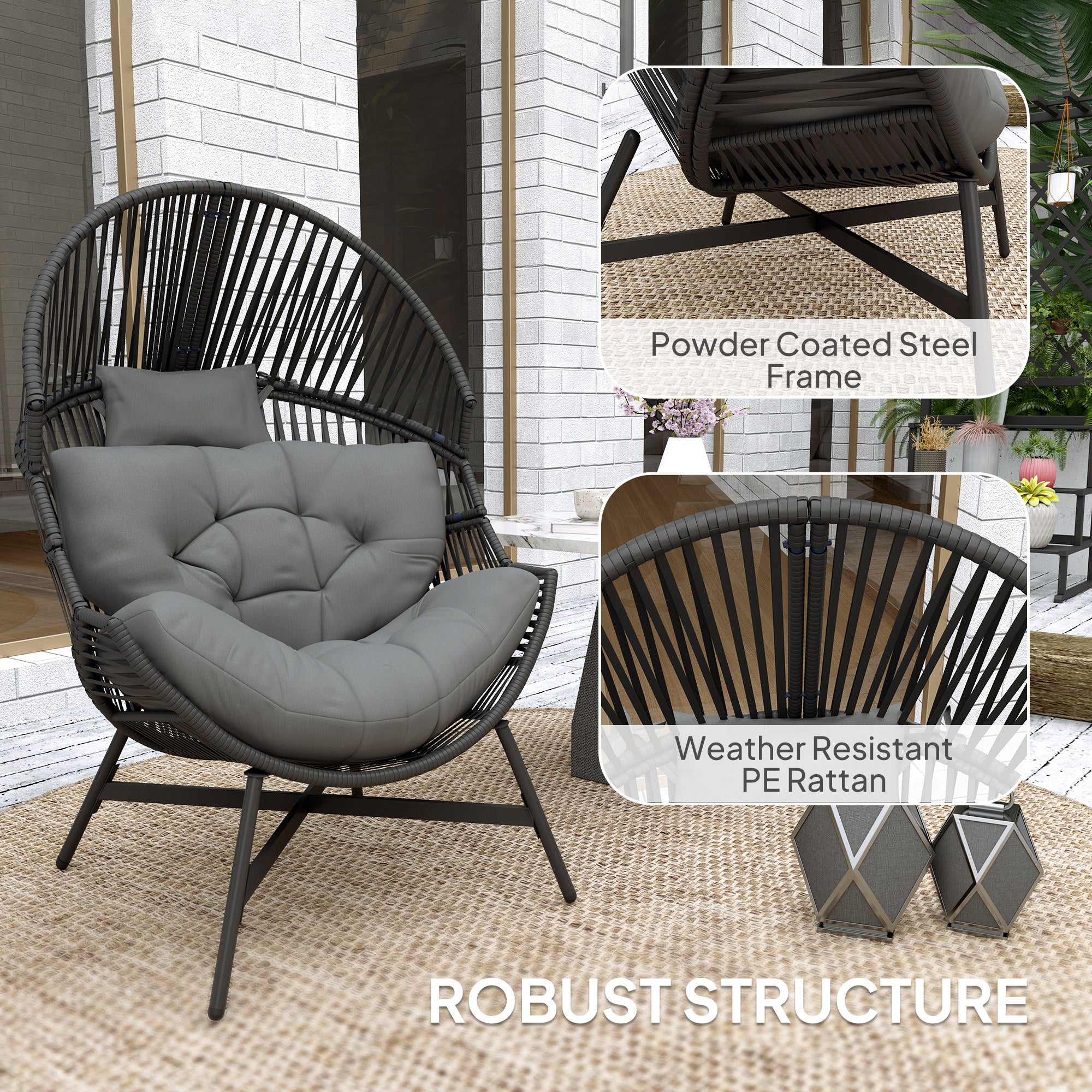Rattan Egg Chair, Oversized Freestanding with Thick Tufted Cushion, Charcoal Grey