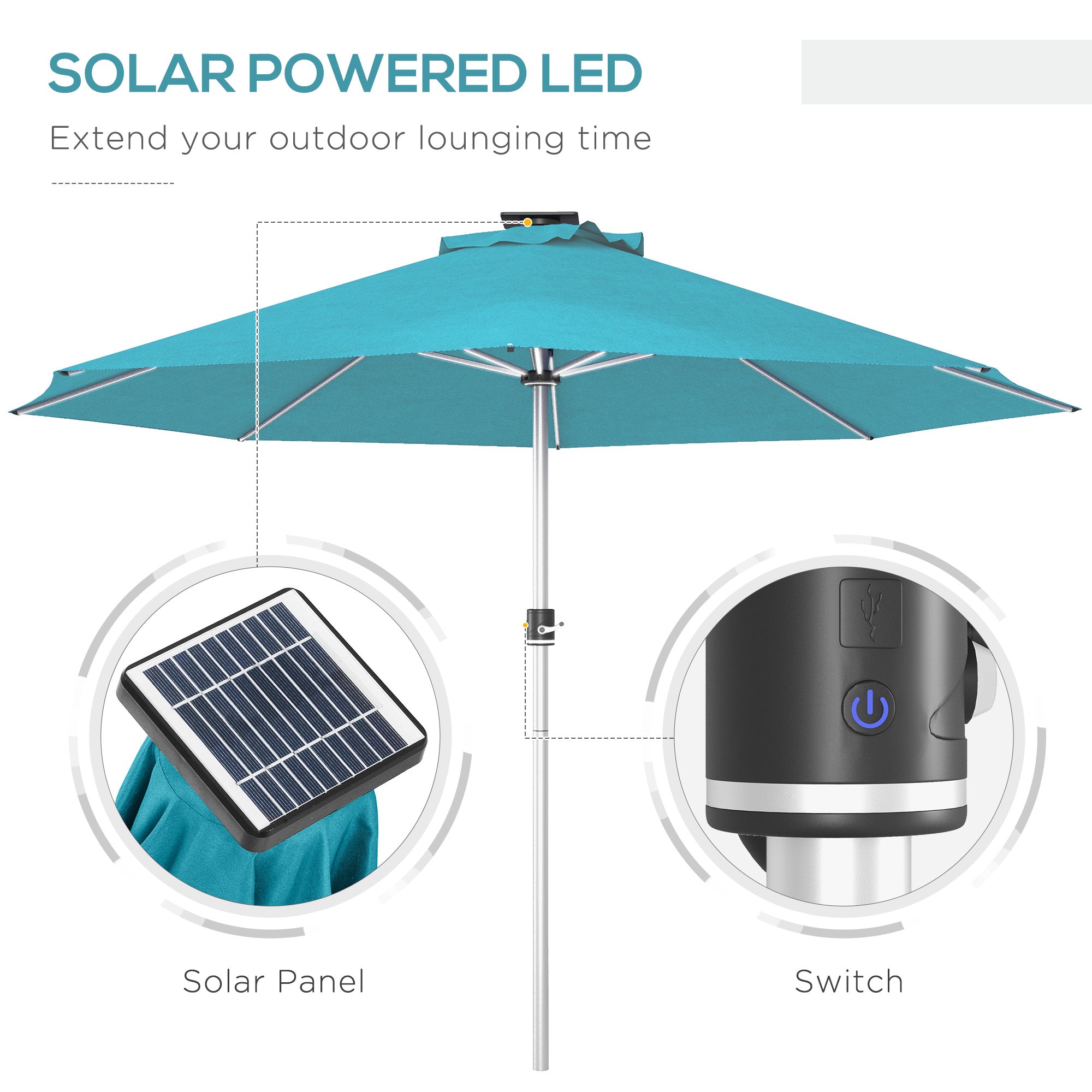 3m Parasol, Solar-Powered LED Lights, Blue