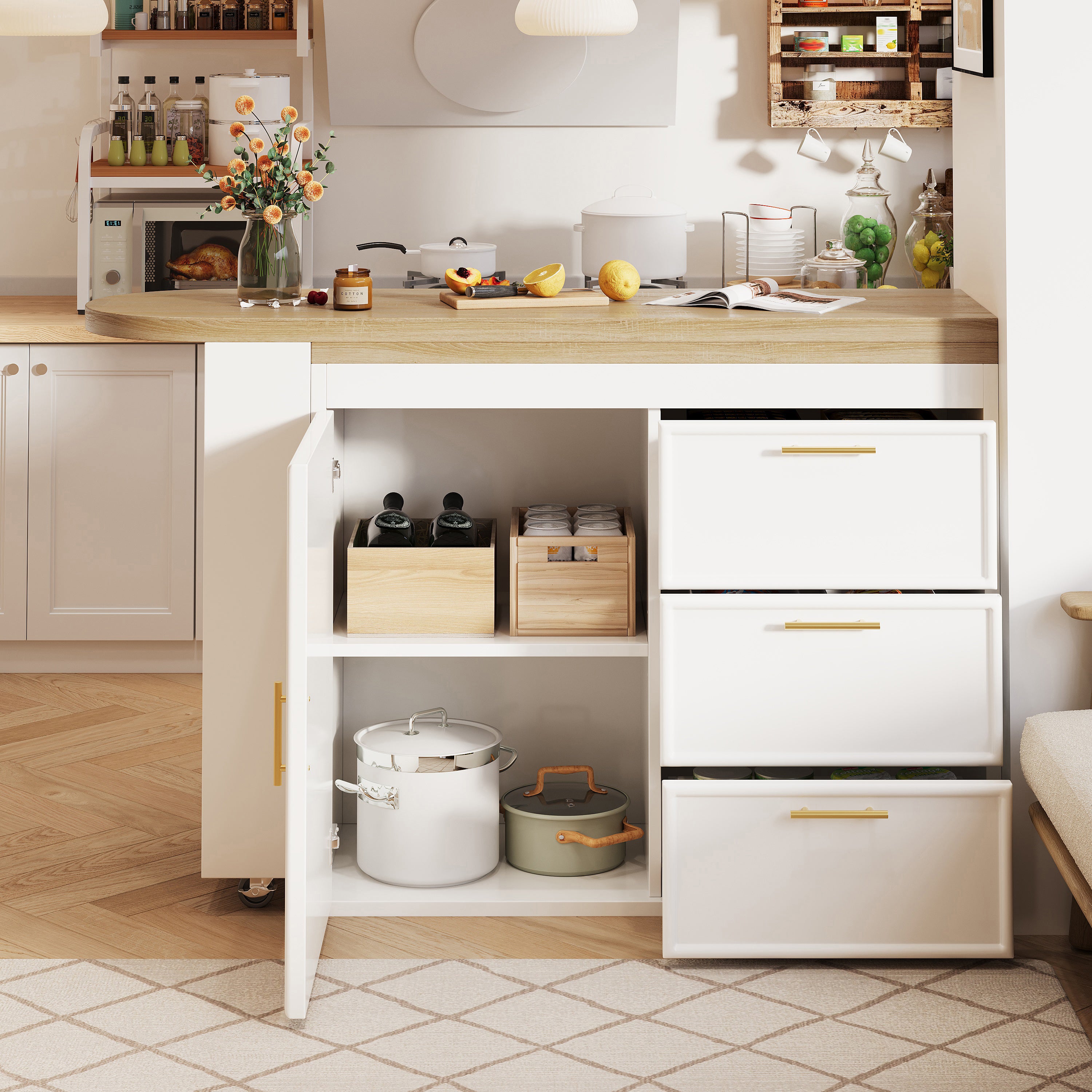 Bar Table with 360° Swivel, 3 Drawers and Storage Shelves, White