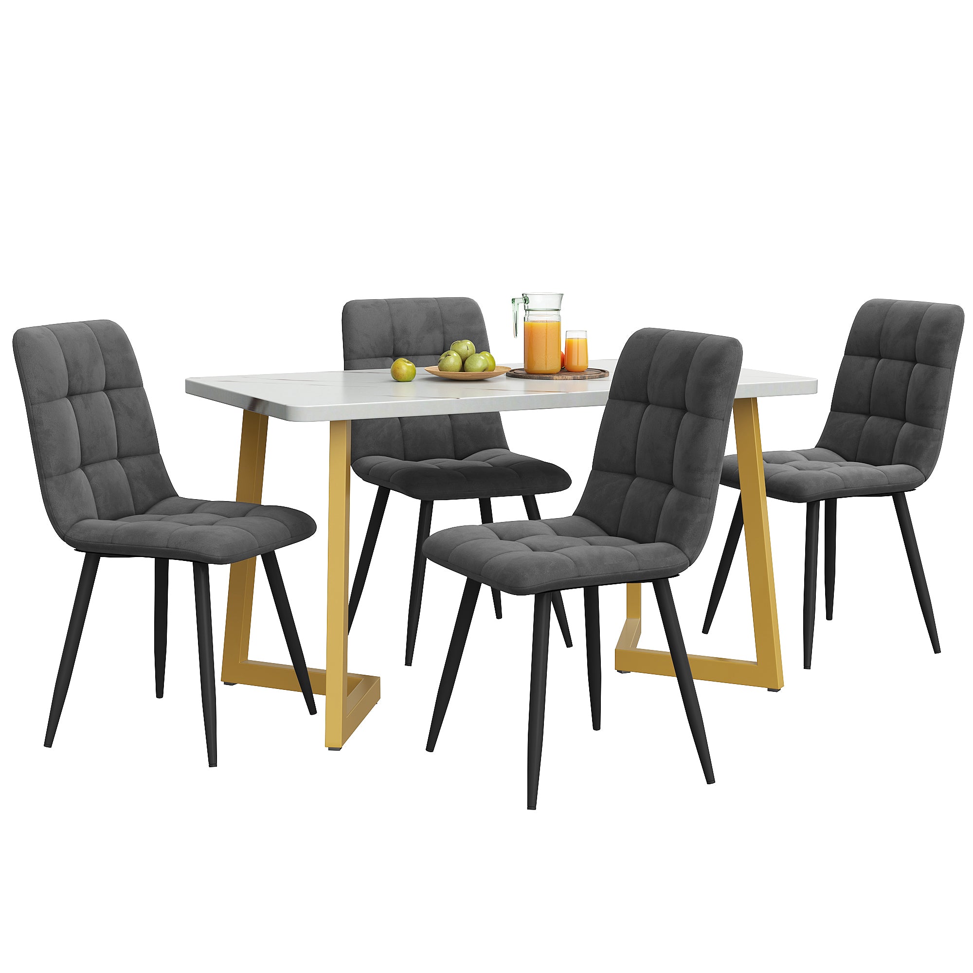 117cm Dining Set Rectangular Table Modern Dark Grey Velvet Chairs Gold Legs