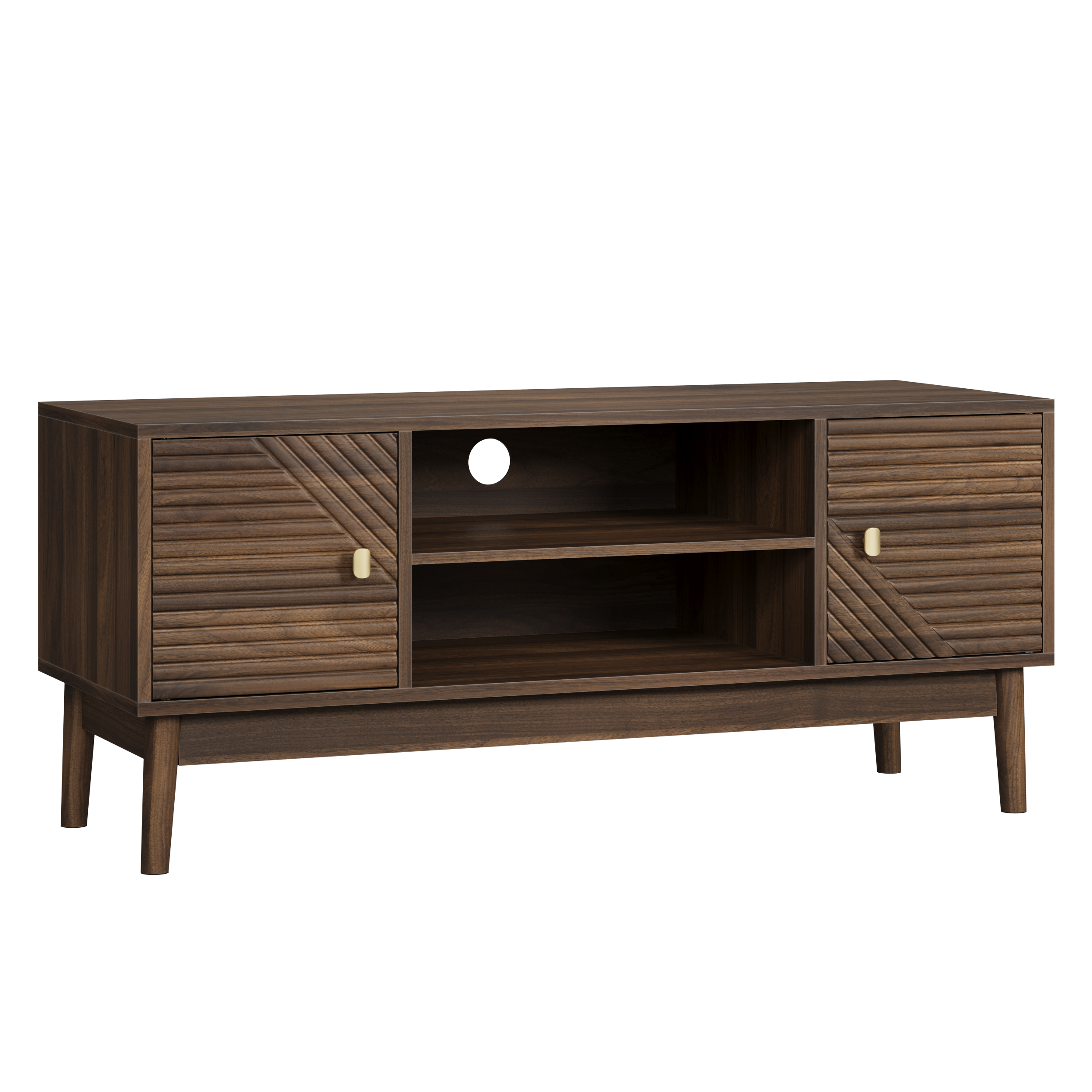 TV Stand, 110cm Mid-Century Modern with Storage Space, Walnut