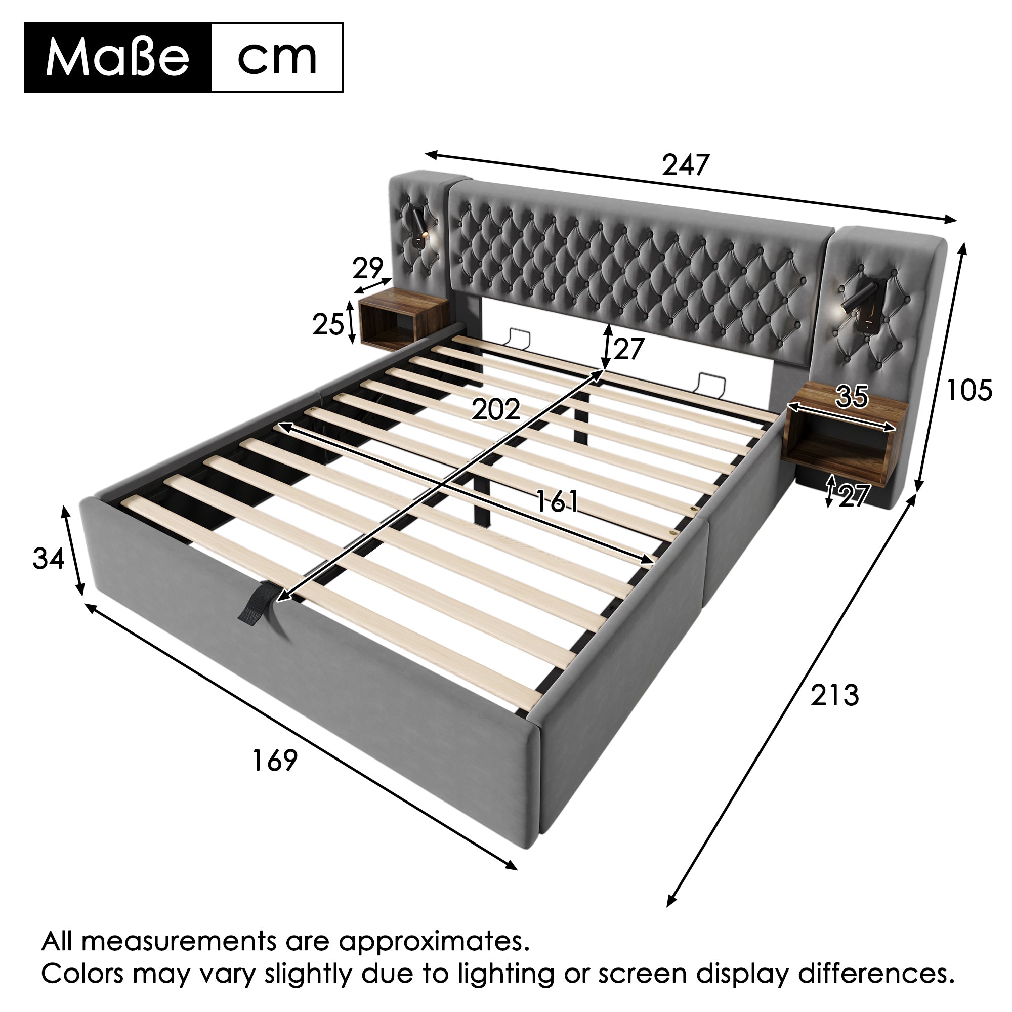 Bedroom Complete Set, Upholstered Hydraulic Storage Double Bed with 2 Bedside Tables, Reading Light, USB Charging, Gray Velvet