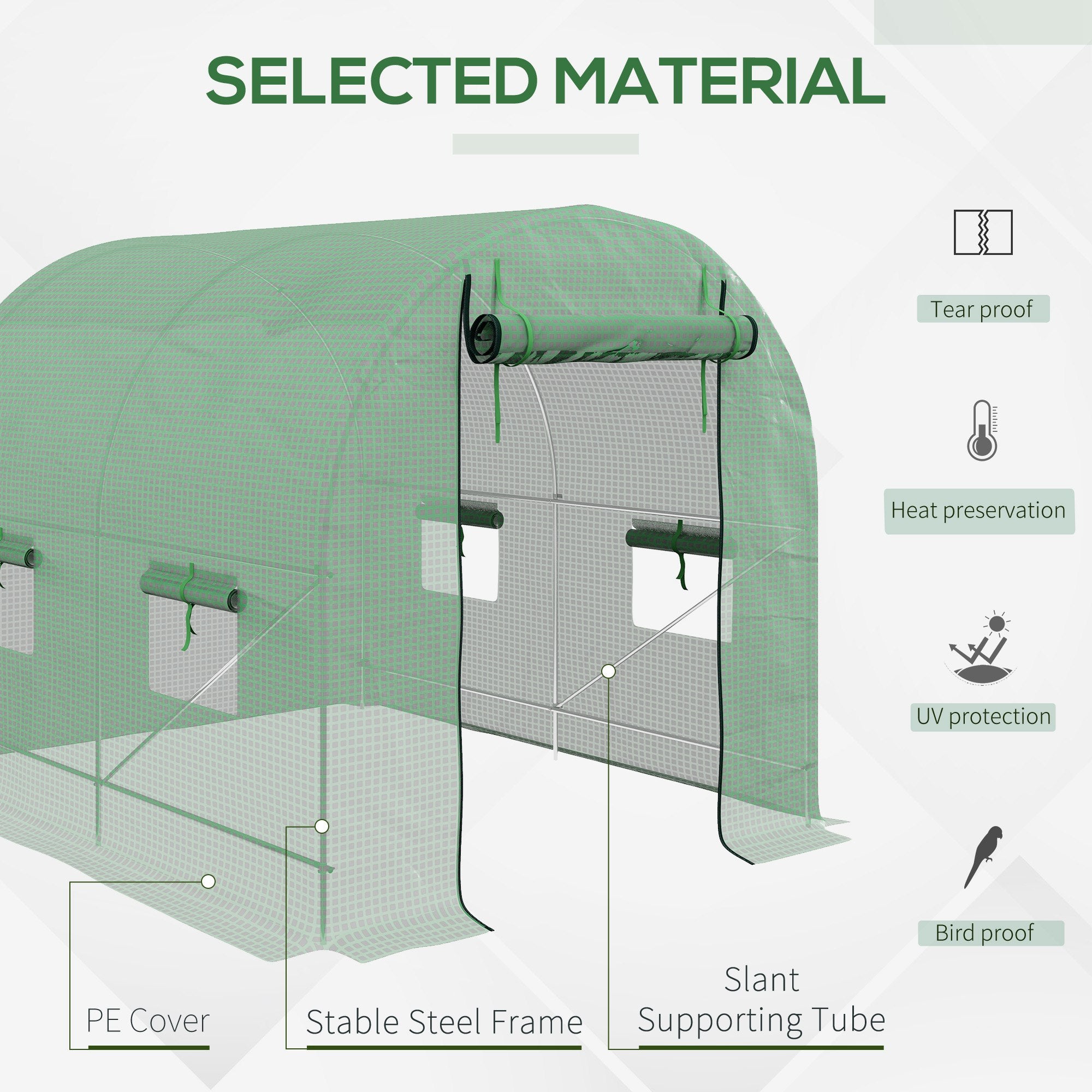Walk-In Garden Polytunnel Greenhouse Roll-Up Door 4 Windows 2.5 x 2m Steel PE Green