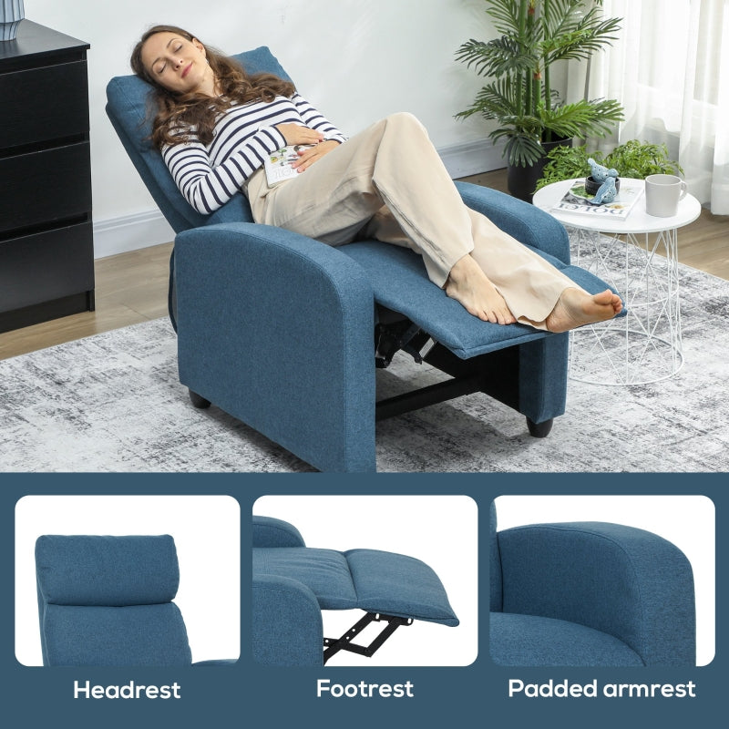 Push Back Recliner Armchair with Footrest, 135° Reclining - Blue
