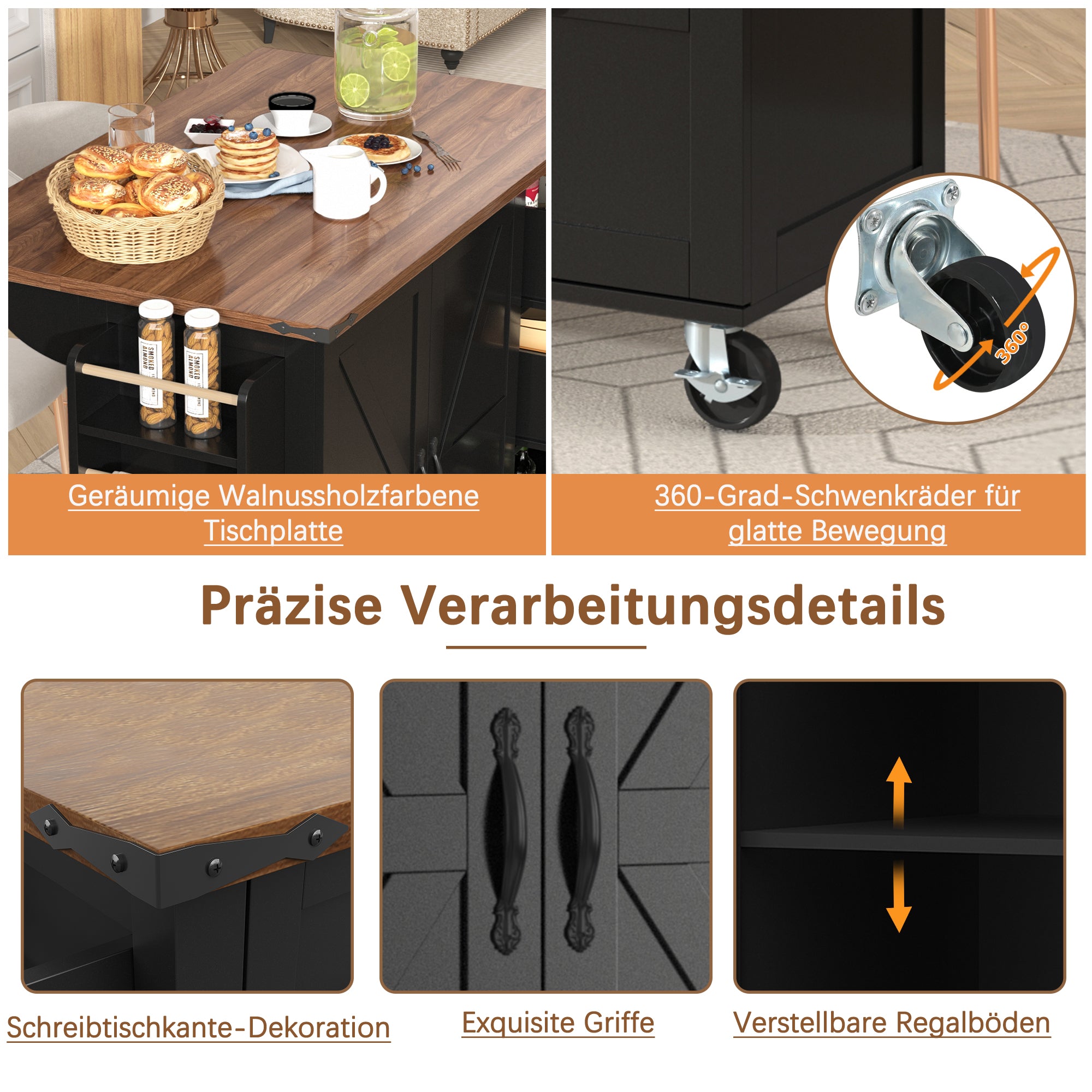 Kitchen Island Trolley with Pull-out Worktop, 2 Doors, 3 Drawers, Wood Grain Black