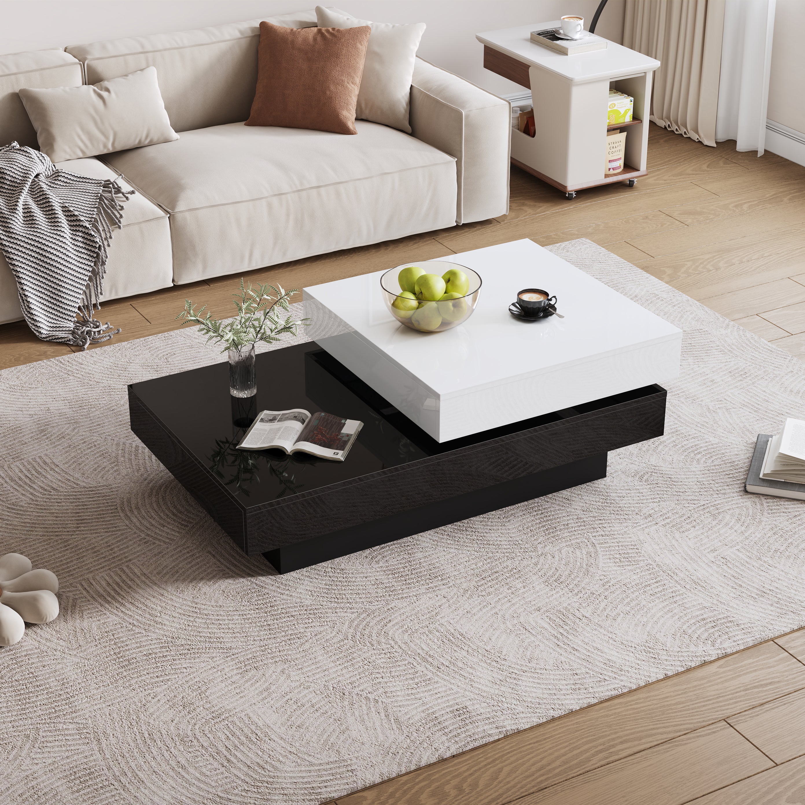 Rotating Coffee Table, Double-Layer with High Gloss Surface, Black and White
