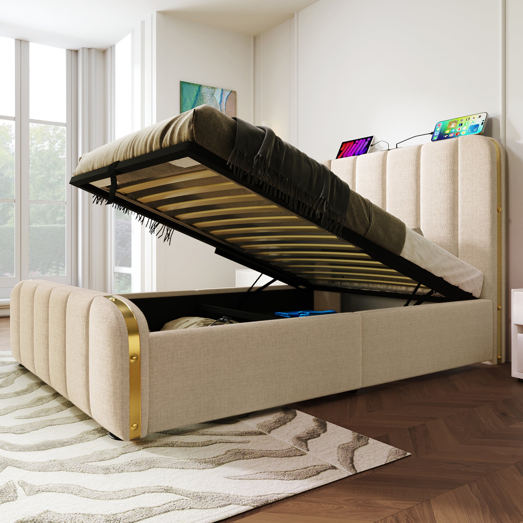 Upholstered Single Bed, Hydraulic Storage with USB Type-C, Beige Linen