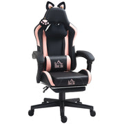 Cat Ear and Paw Office Chair Reclining with Footrest, Black/Pink