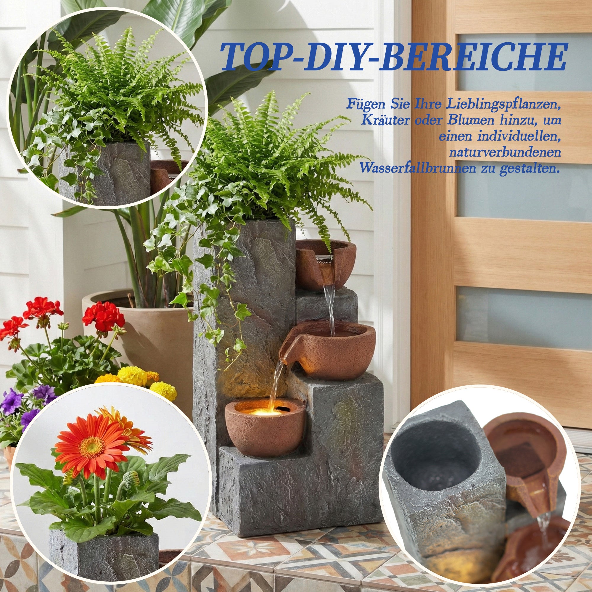 Garden Fountain with Three-Tier Waterfall and Antique Standing Basin, 230V Metal Finish