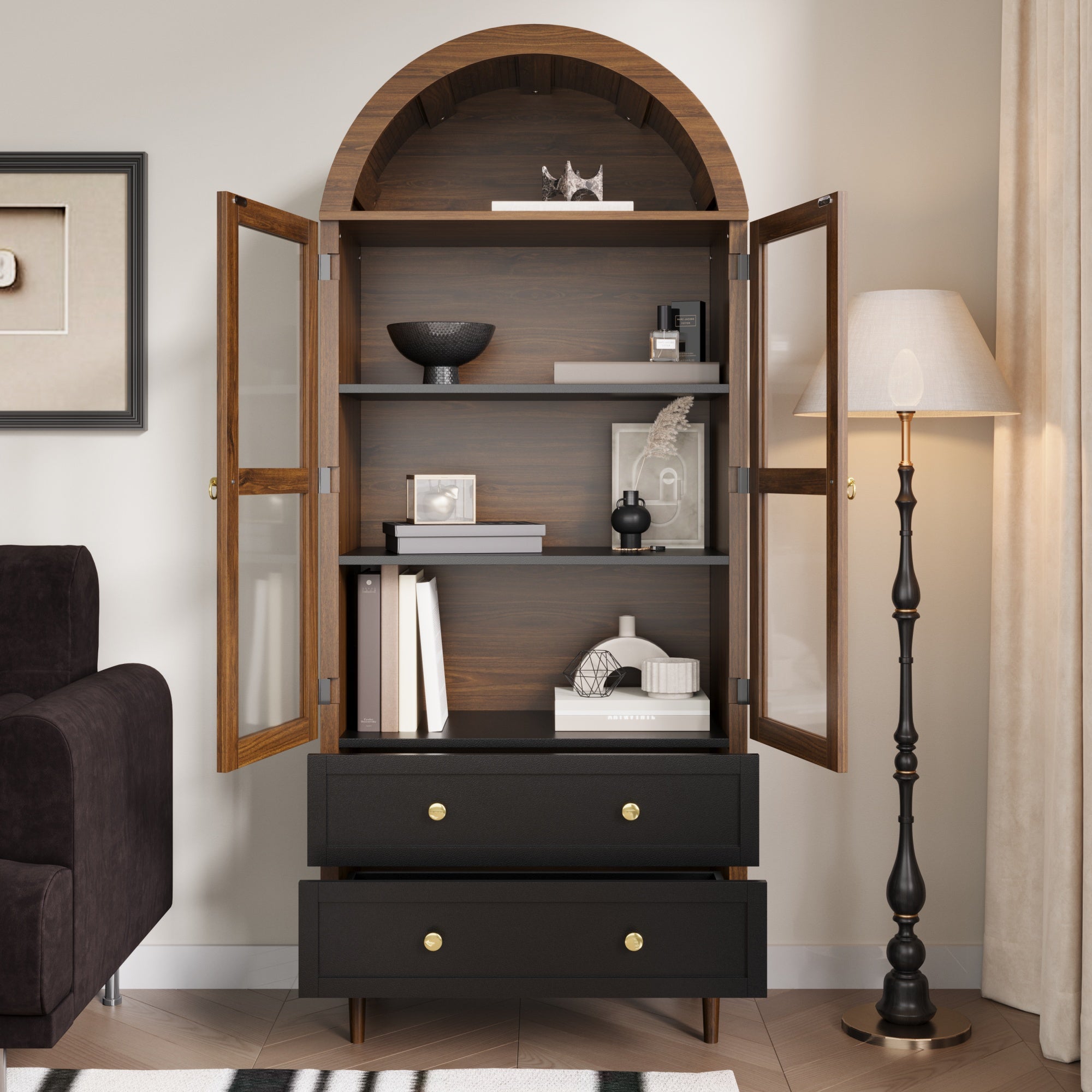 Retro Storage Cabinet with Adjustable Shelves and Curved Glass, Luxurious Sideboard