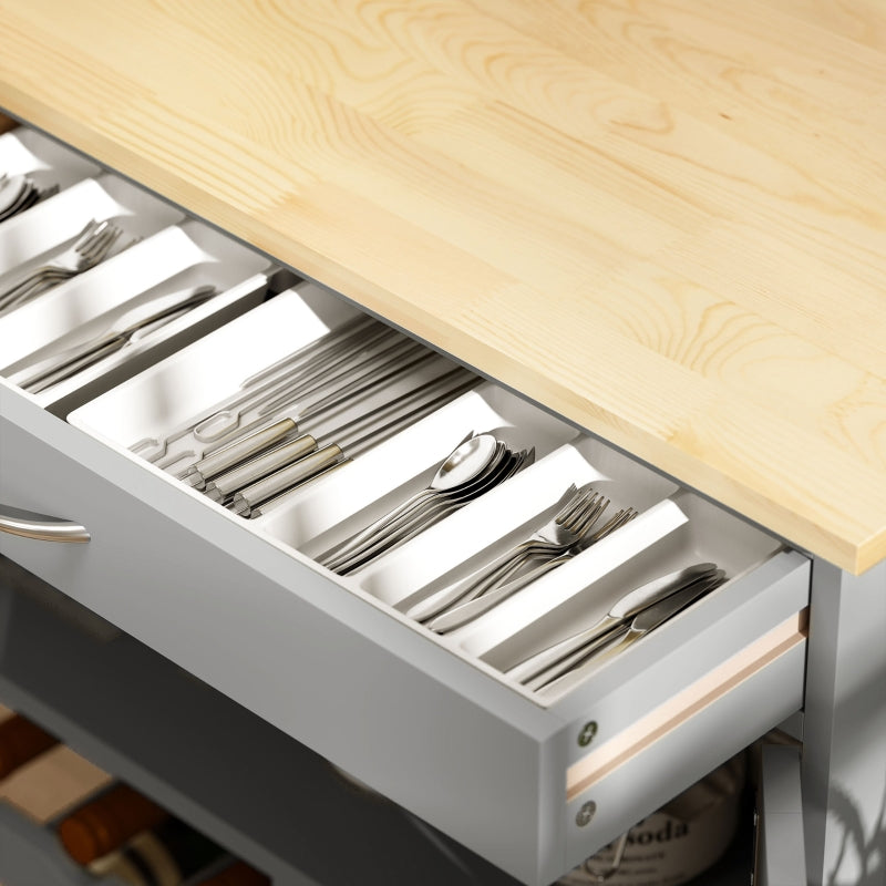 Modern Kitchen Trolley Rolling Island Storage Cart Drawer Wine Rack Rubberwood Grey