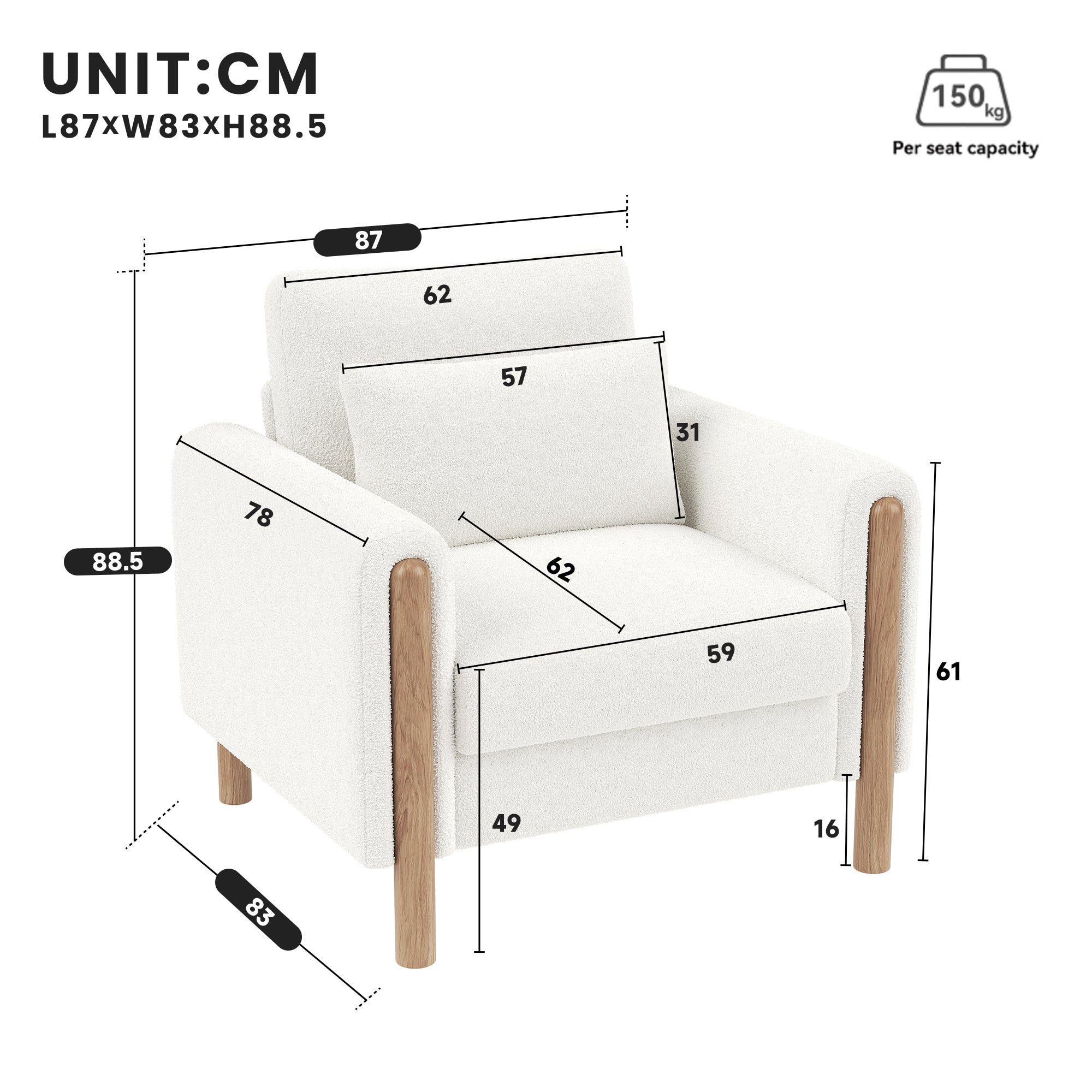 Armchair, Thick Cushion & Soft Upholstery, White