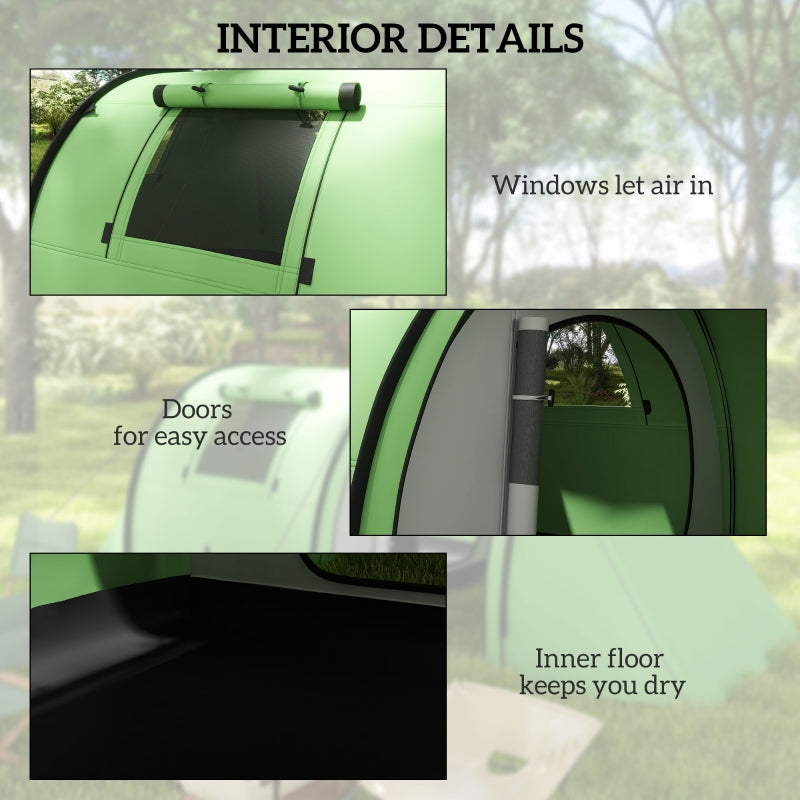 Four Man Duo Room Tunnel Tent, Accessories Included - Green Polyester
