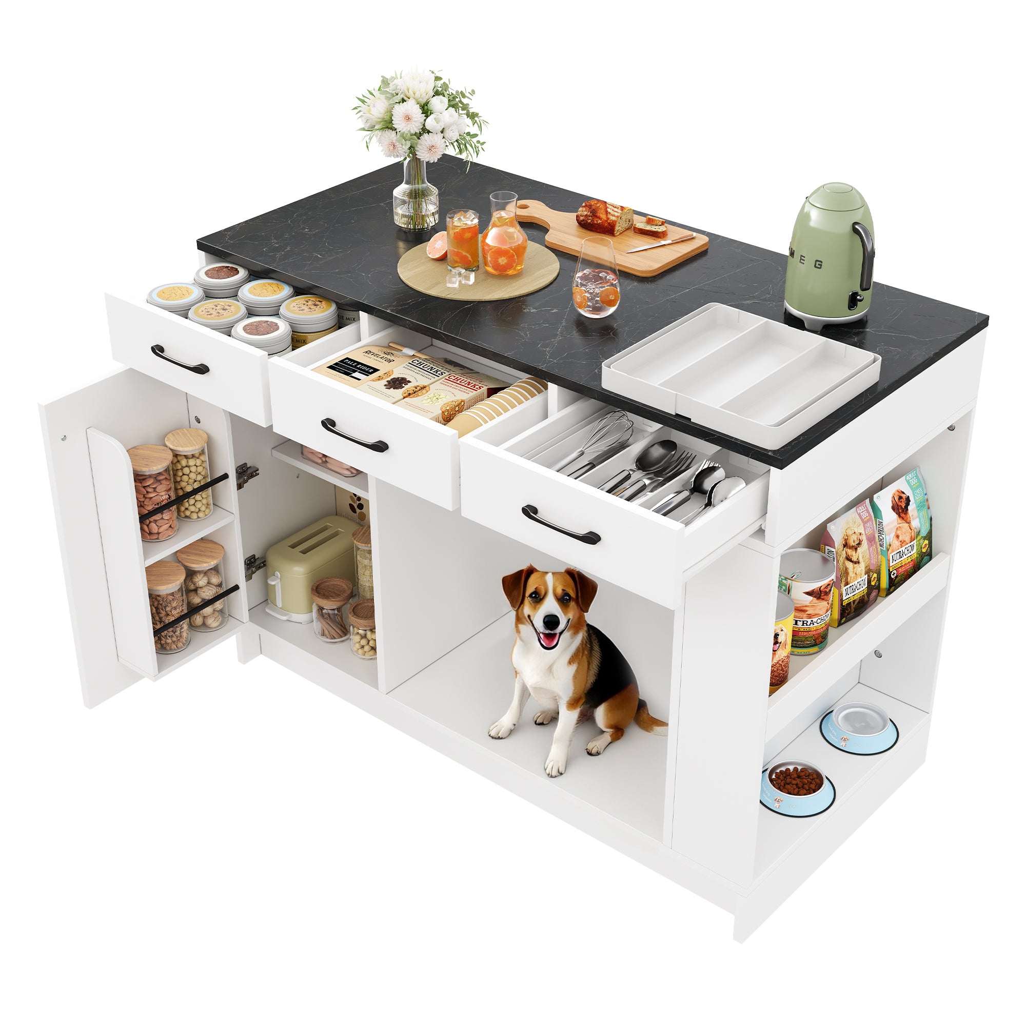 Kitchen Island with 3 Drawers Spice Rack Adjustable Shelf Pet Storage 120x60x90cm - White