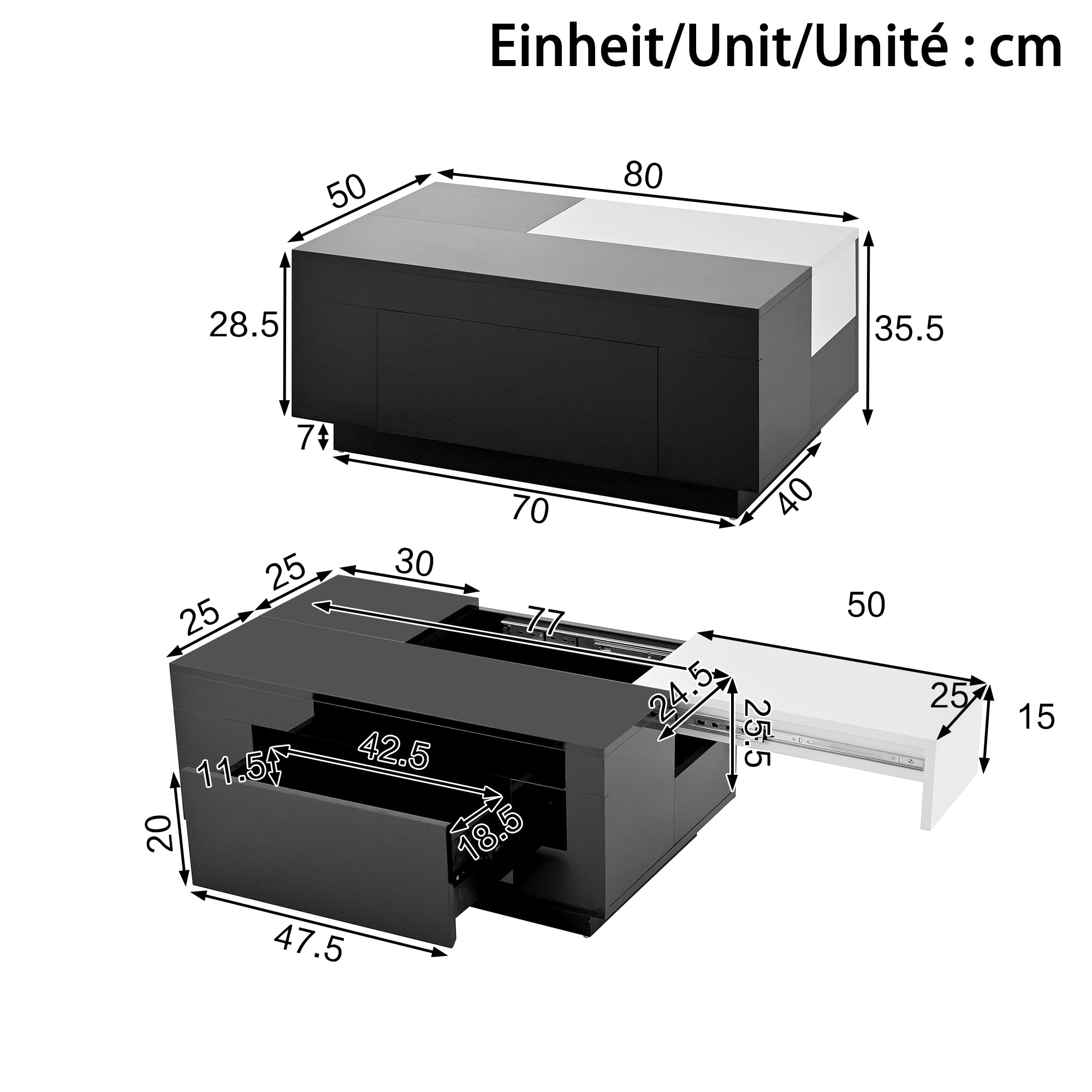 High-gloss Coffee Table with LED Lighting, Extendable, Storage, Black and White