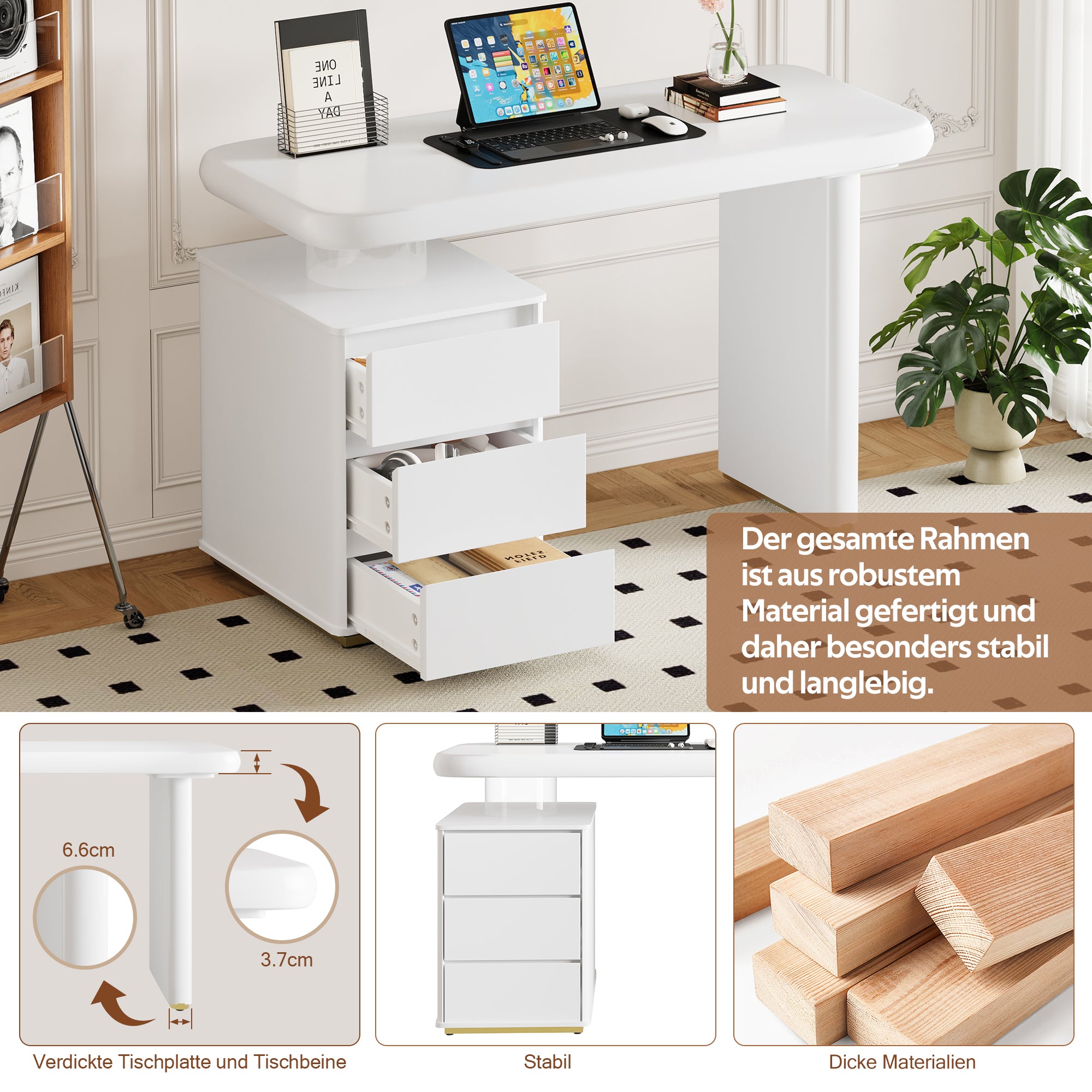 Modern Desk, 117×50×74 cm, Cloud Shape, 3 Drawers, White Lacquer Finish