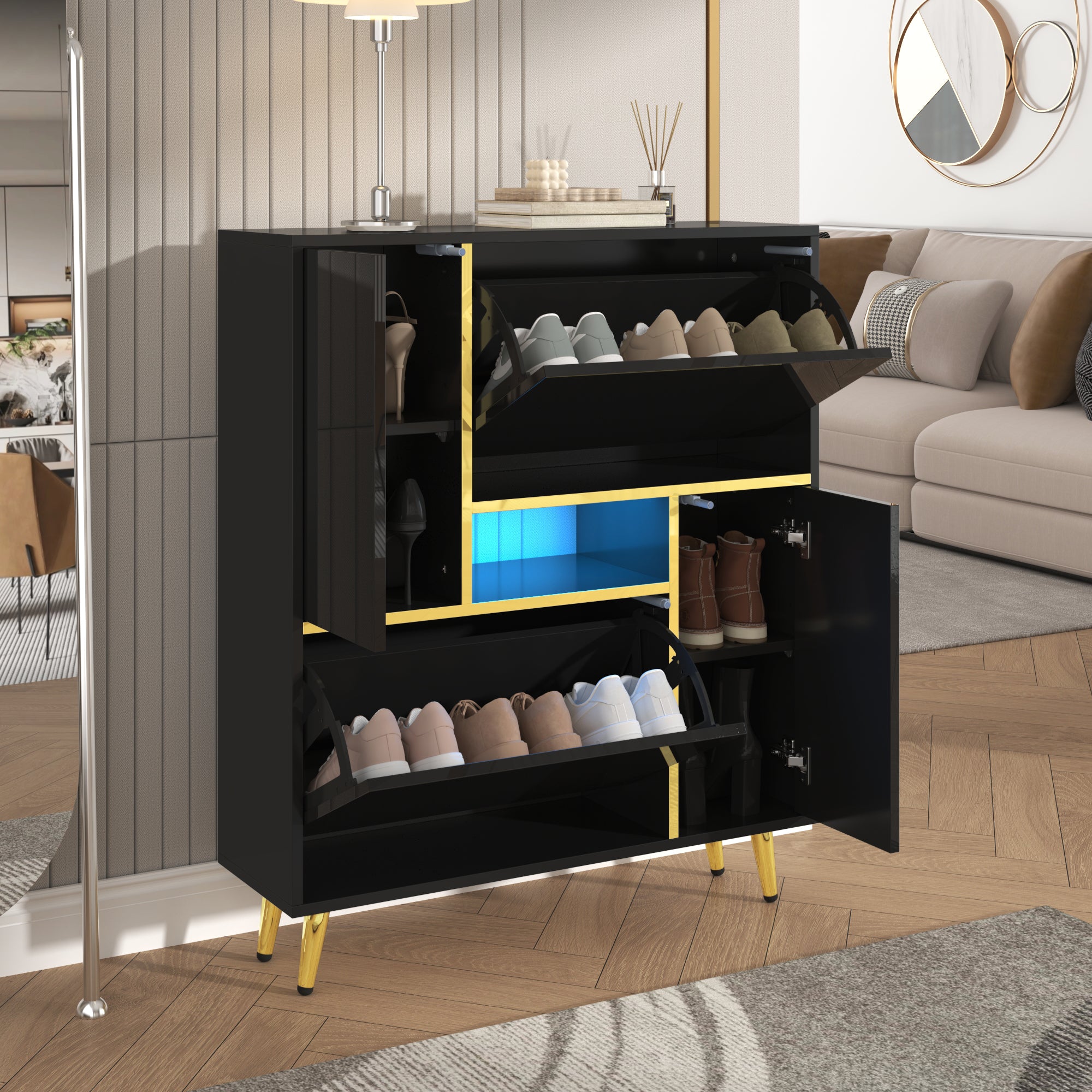 Modern shoe cabinet, high-gloss front, 16-color LED light, black