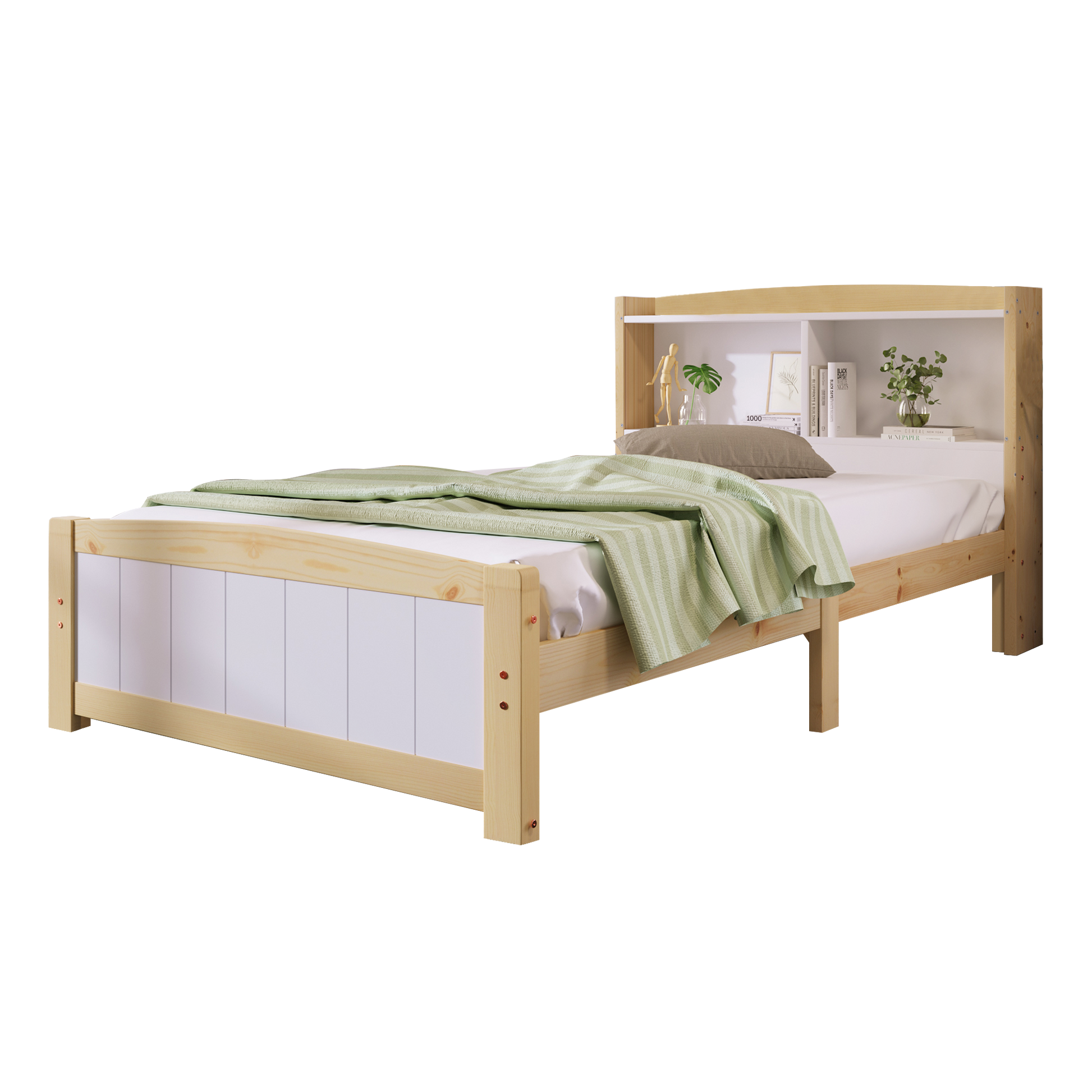 Wooden bed with white bedding and green blanket on a white background