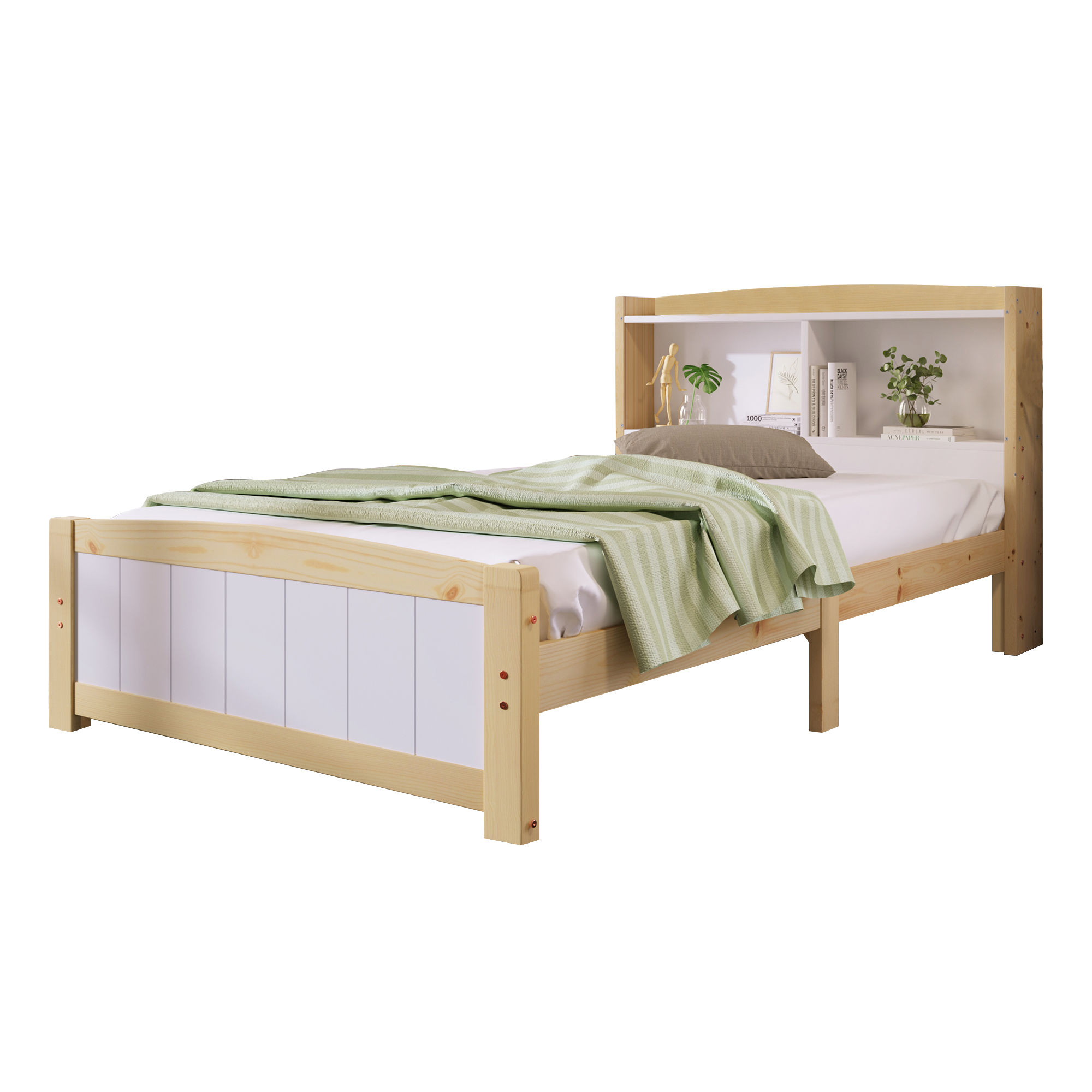 Wooden bed with white bedding and green blanket on a white background