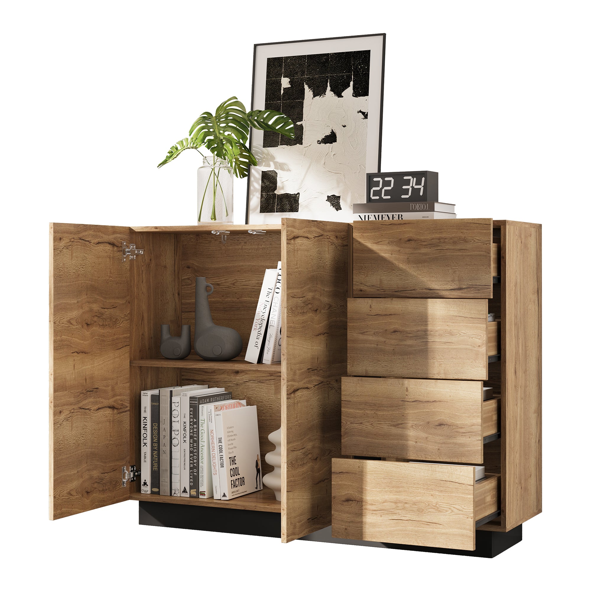 Chest of Drawers Sideboard Storage Cabinet 4 Drawers 2 Doors Black and Natural