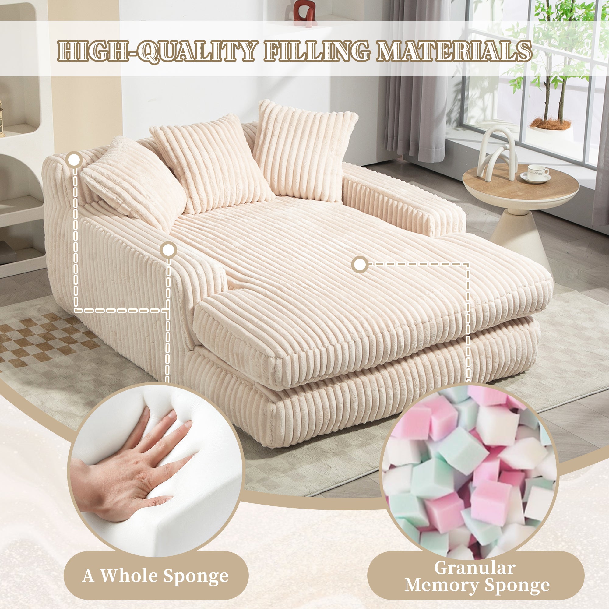 GOMYWAY Oversized Chaise Lounge Sofa Upholstered with 3 Throw Pillows, Beige