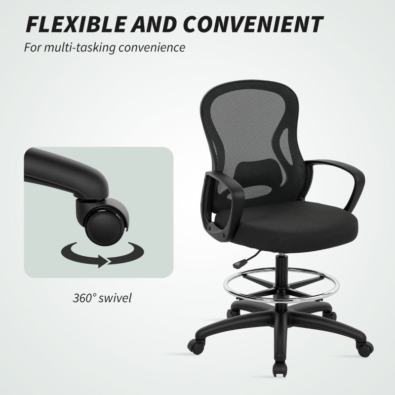 Drafting Chair Adjustable Footrest Ergonomic Lumbar Support Adjustable Height Mesh, Black