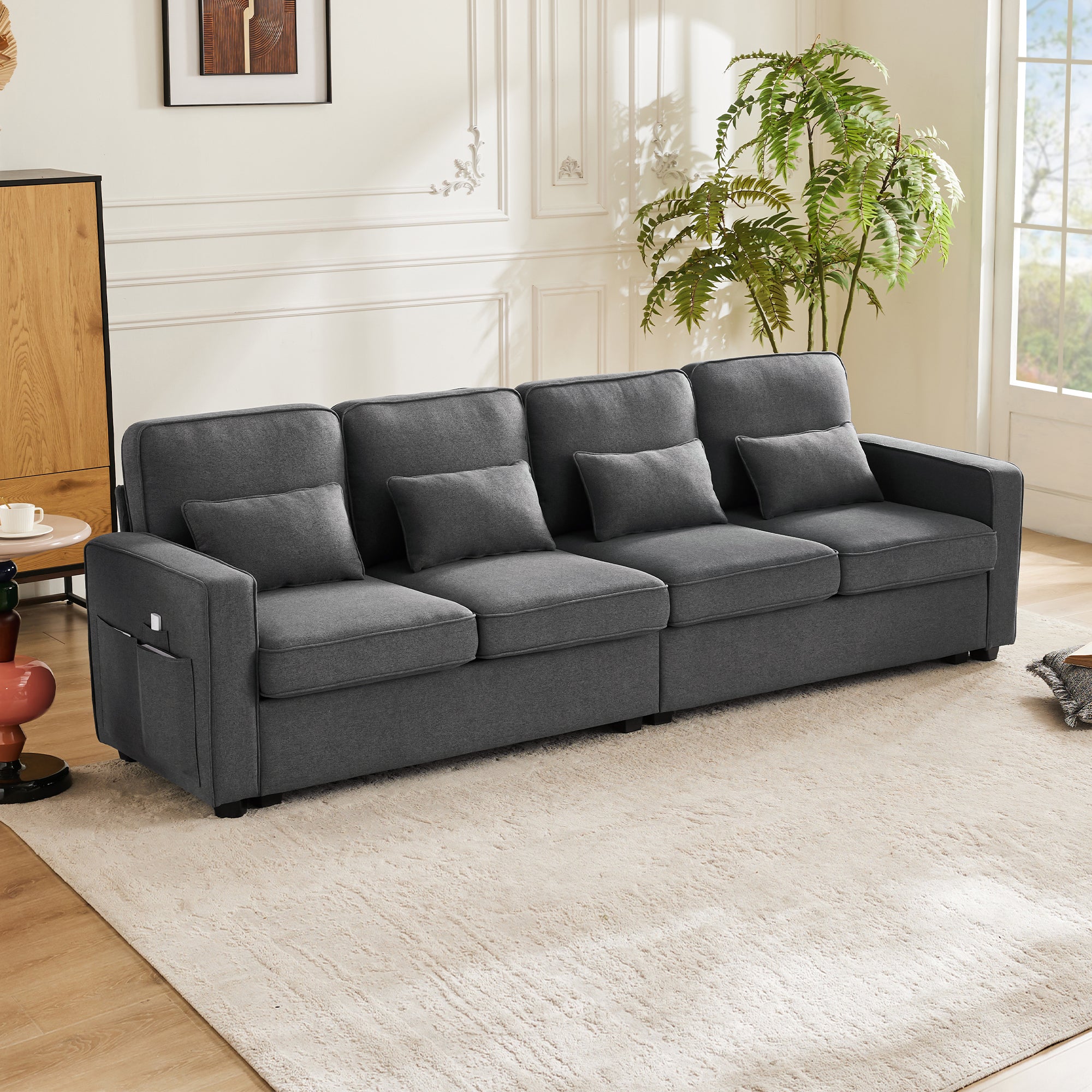 Modern 4-Seater Sofa, Simple Style with Armrest Pockets and 4 Cushions, Linen Fabric