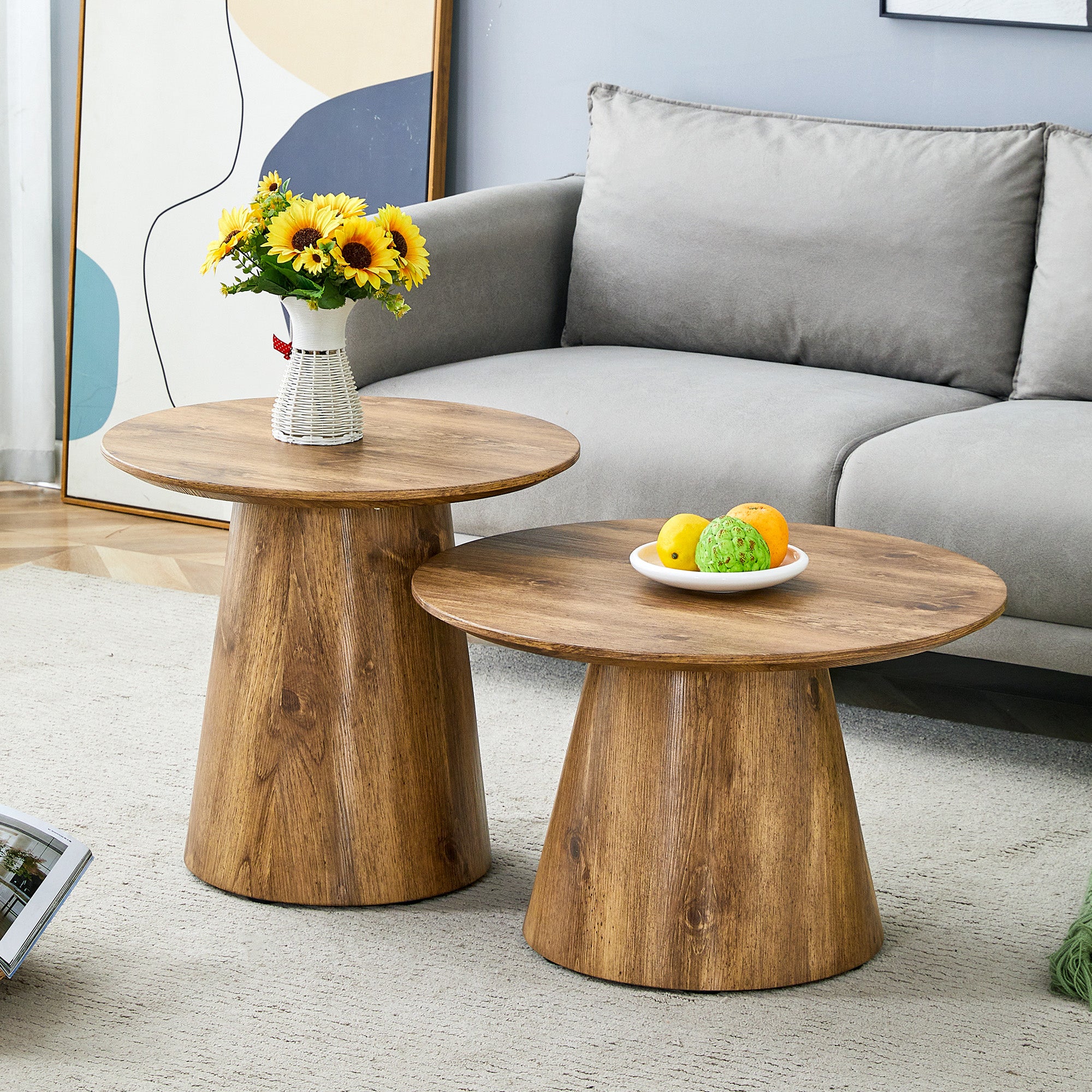Set of 2 Round Coffee Tables, High and Low Nesting Stool Side Tables, Natural Wood Look MDF