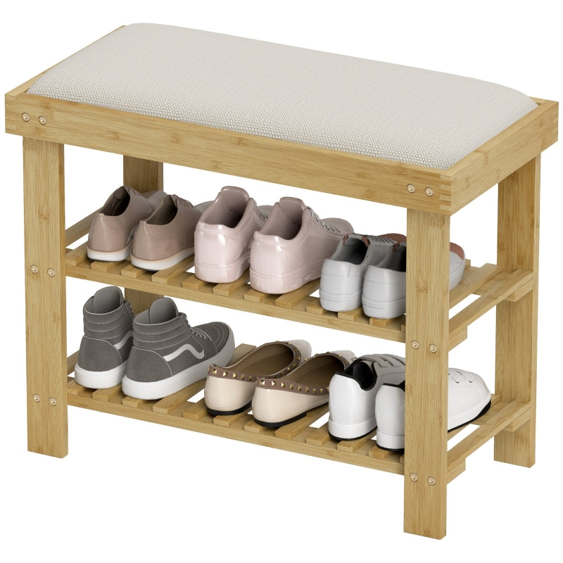 Shoe Bench with Storage, 2 Compartments, Bamboo Cream White