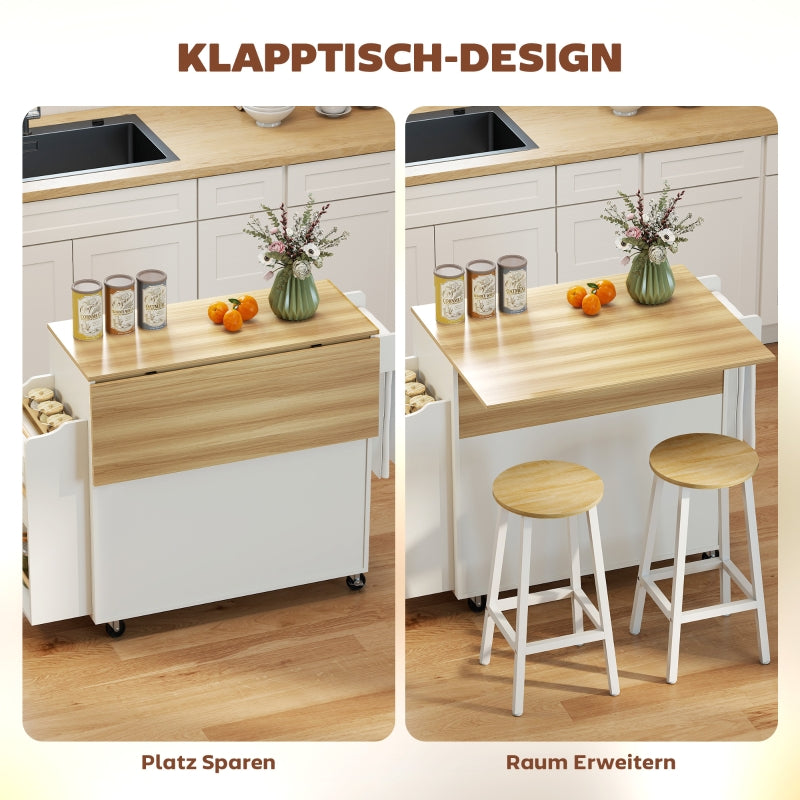 Kitchen Island Mobile Folding Worktop Drawer Shelf - White