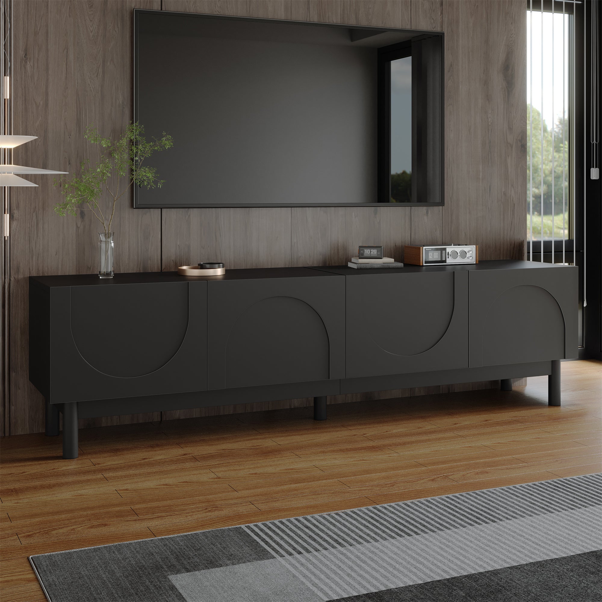 TV Cabinet with Curved Doors, Shelves, and Stabilizing Legs