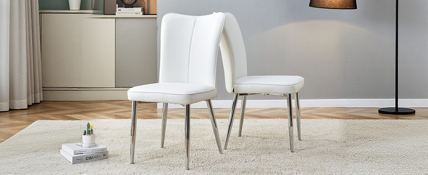 Dining Chairs Set of 2, Modern 89cm PU Silver Metal Legs, White