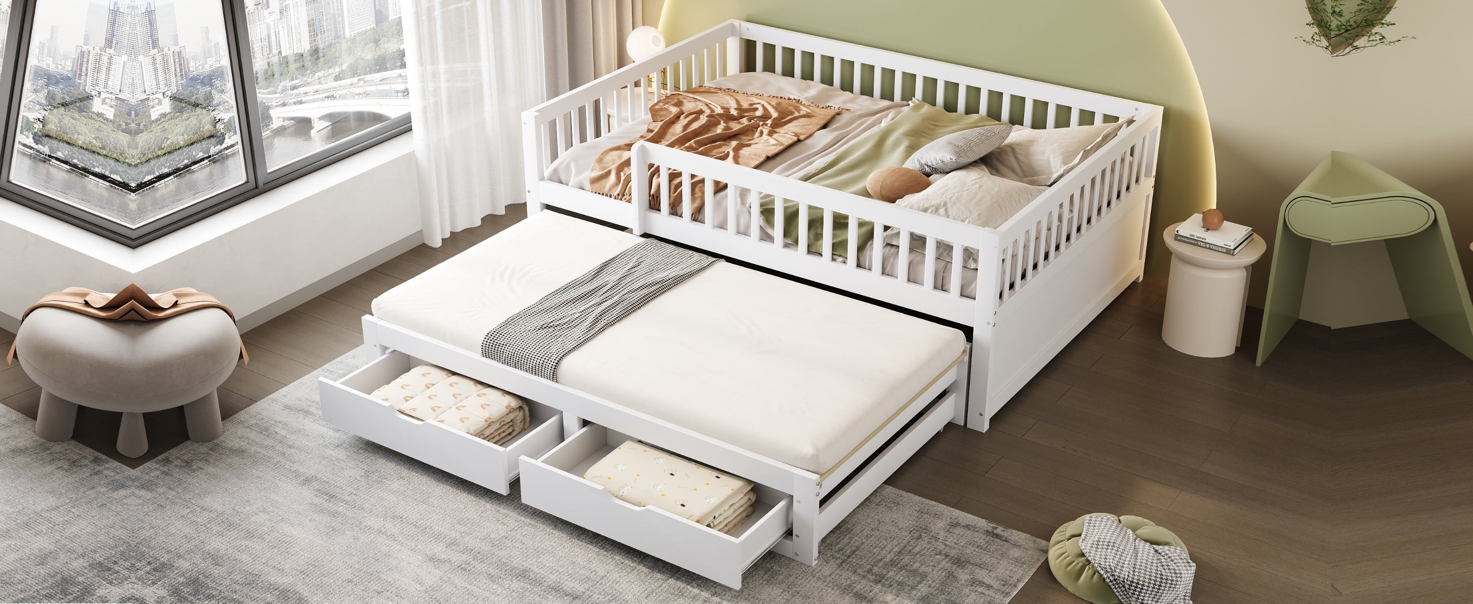 Sofa Bed, Pull-Out with Safety Gate & 2 Drawers, Solid Wood, White