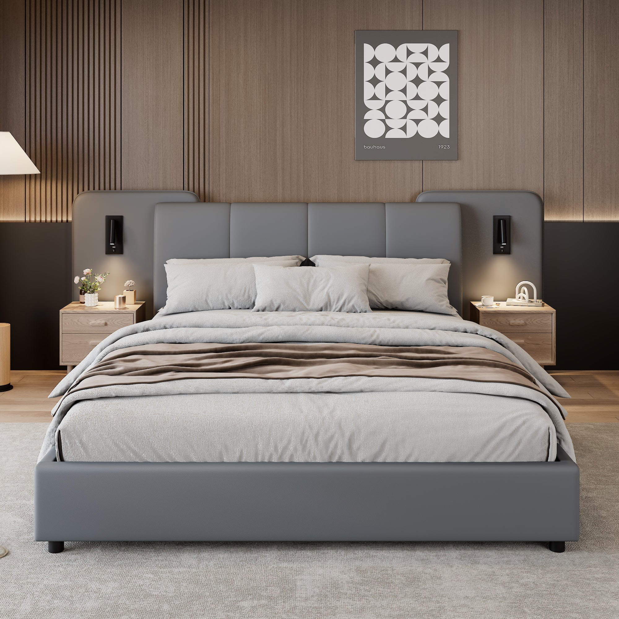 Upholstered Bed with Charging Port and Lighting, 4ft6 Double, Soft Sponge Headboard, Anti-collision Filling, Grey PU + Plywood