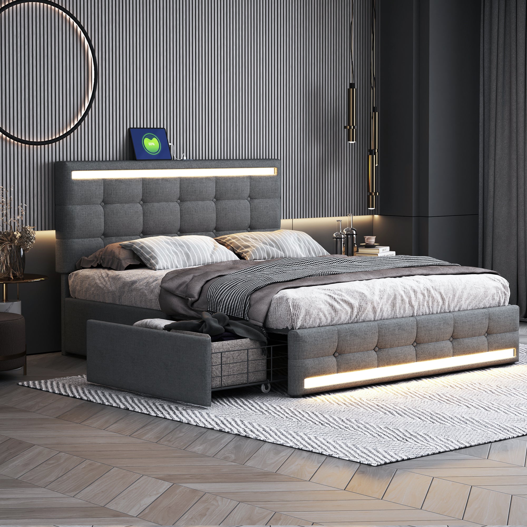 Upholstered Bed 140x200, LED, 4 Drawers, 2 USB Charging Stations, Linen Fabric Gray