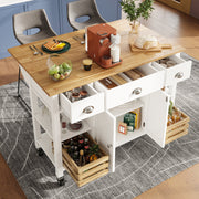 Rolling Kitchen Island Storage Trolley with Large Cabinet, 3 Drawers, Spice Rack & Adjustable Shelf, White