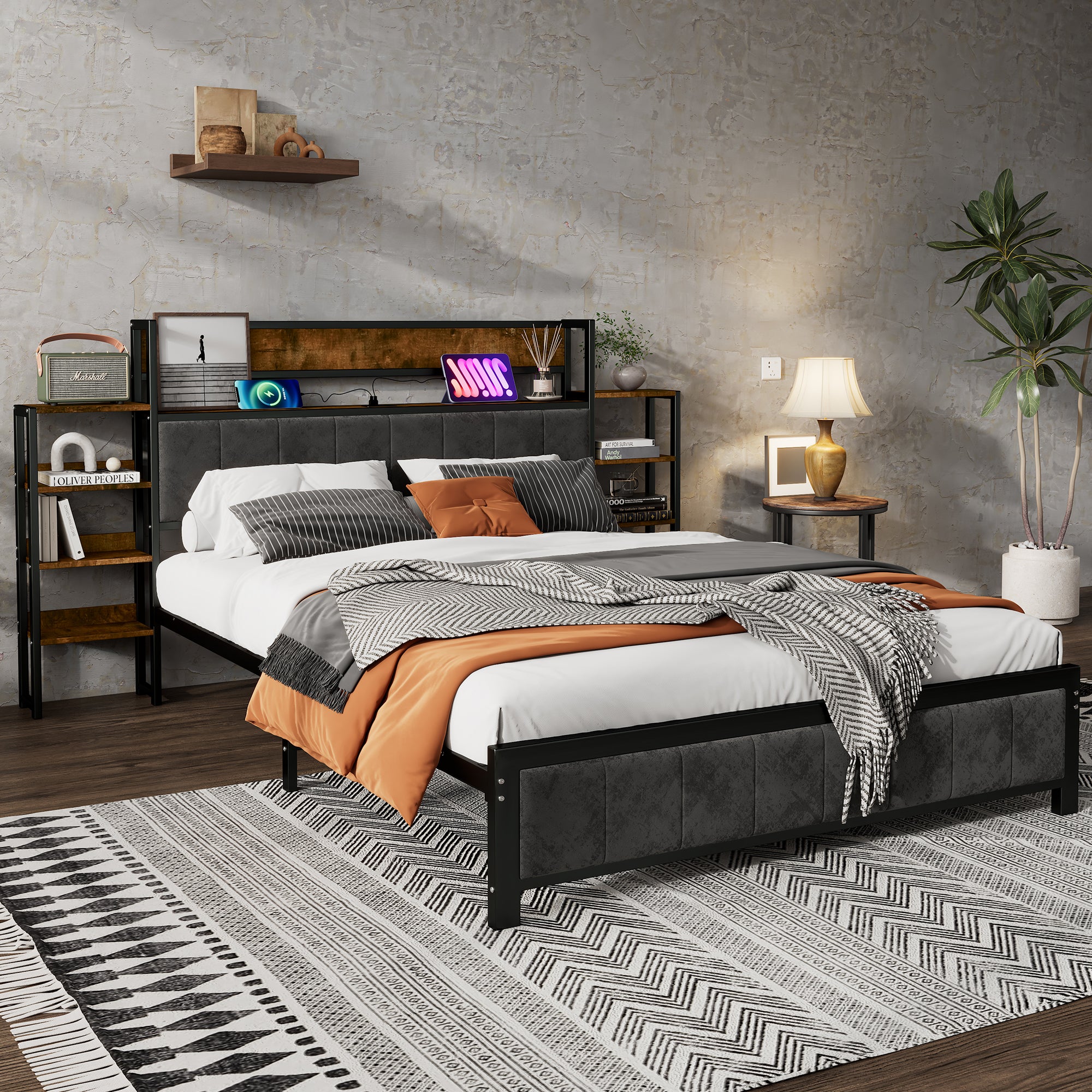 Metal Bed, Storage with Shelf & 3 USB Ports, Black & Walnut