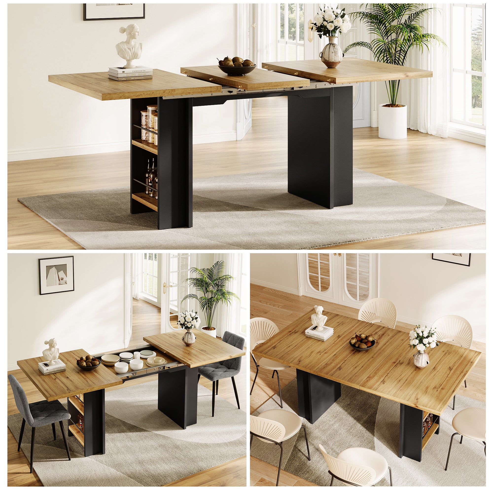 Telescopic Dining Table with Shelves and Extendable 120-160cm Surface, Wood Color