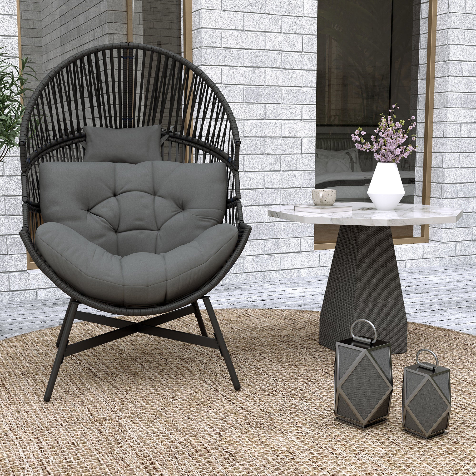 Rattan Egg Chair, Oversized Freestanding with Thick Tufted Cushion, Charcoal Grey