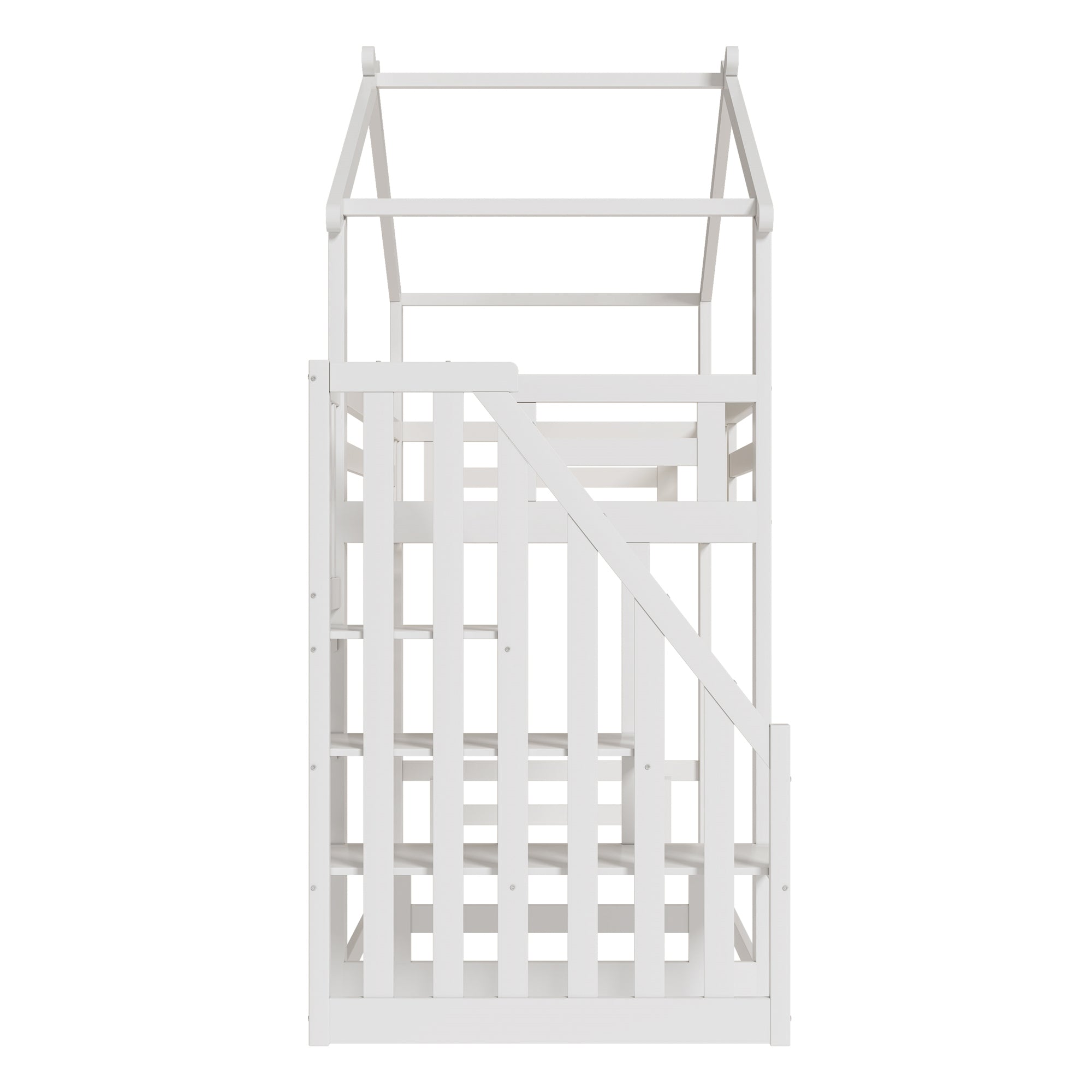 Children's Bed 90x200cm, Low Bunk Bed with Safety Stairs, Solid Wood, White