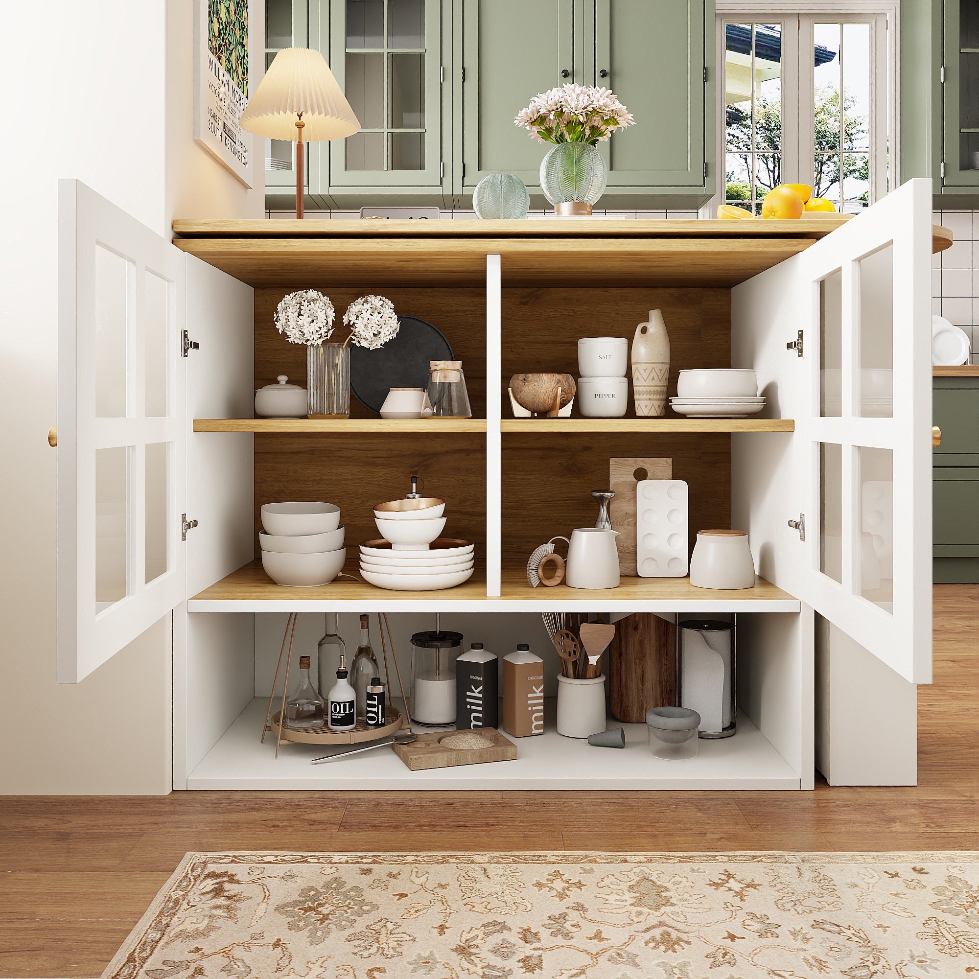 360° Rotating Sideboard - Multifunctional Dining Bar, 5 Shelves & Glass - White