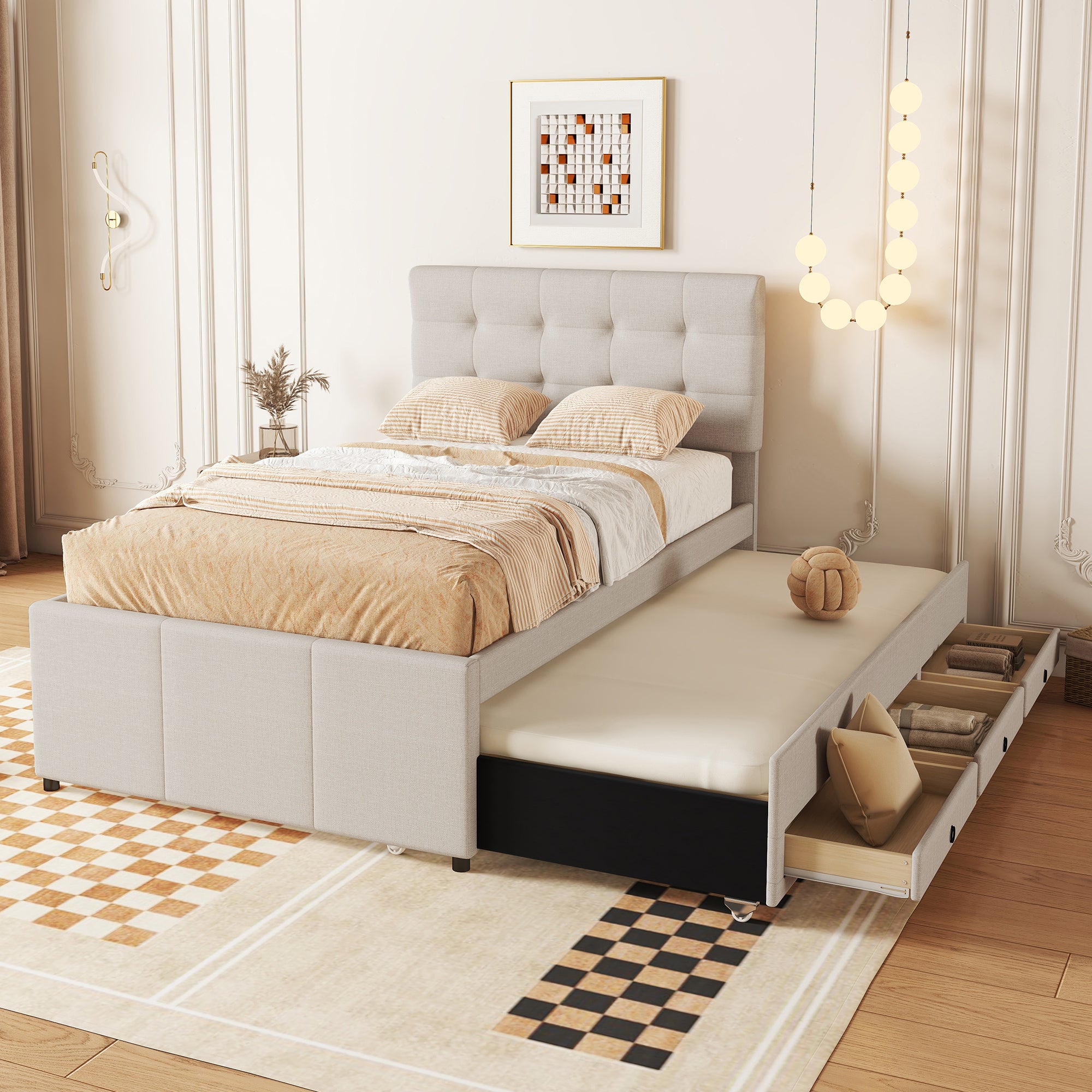 Upholstered Bed 90x200cm with 3 Drawers, Pull-out Trundle Bed, Adjustable Headboard, Beige