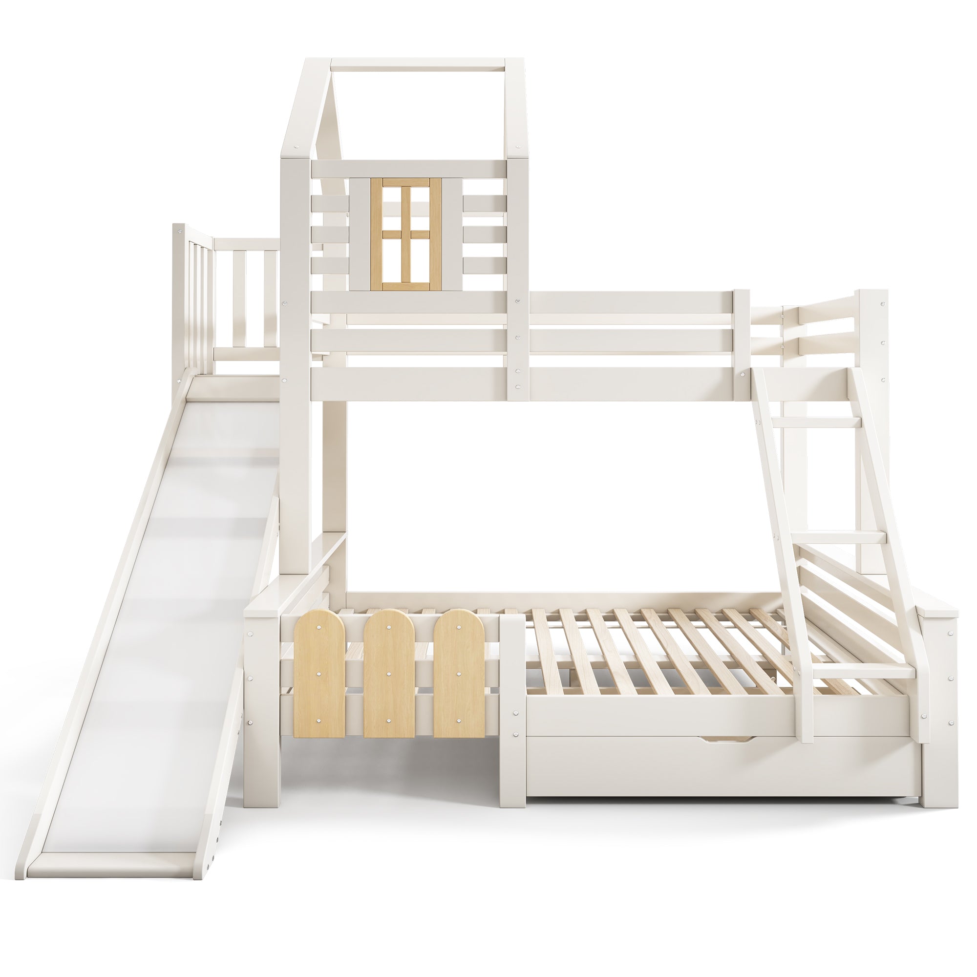 Bunk Bed, 90x200 & 140x200cm, House Loft with Drawer & Slide, Log Cabin Design