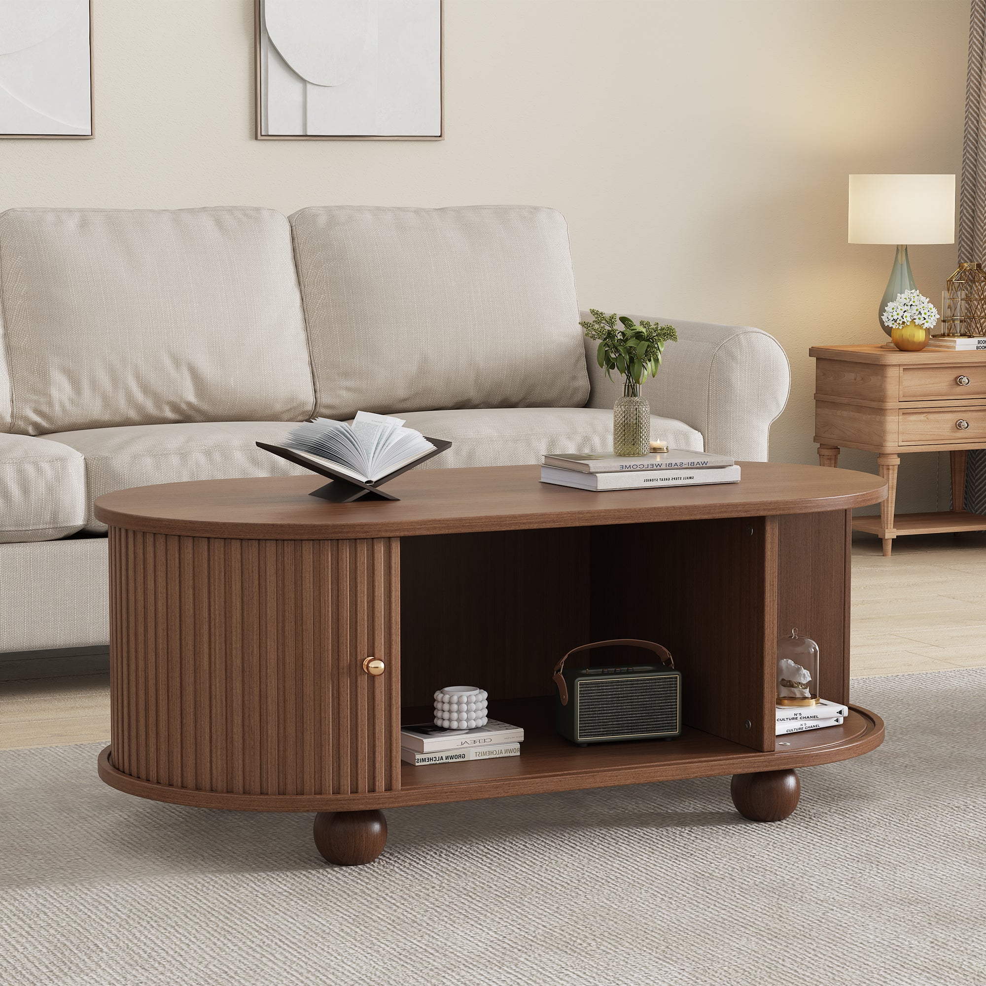 Oval Coffee Table with Sliding Doors and Storage, Oak MDF