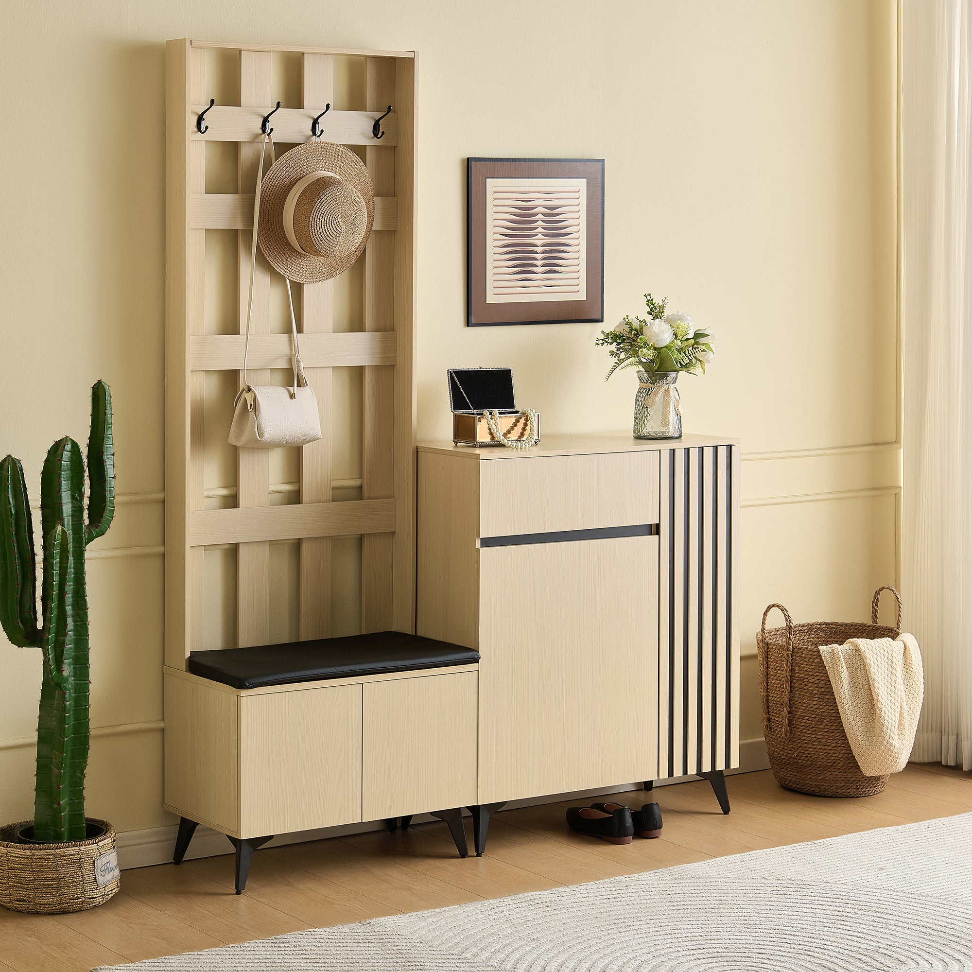 Combination Set: Modern Wardrobe, Bench & Shoe Cabinet Storage Solution
